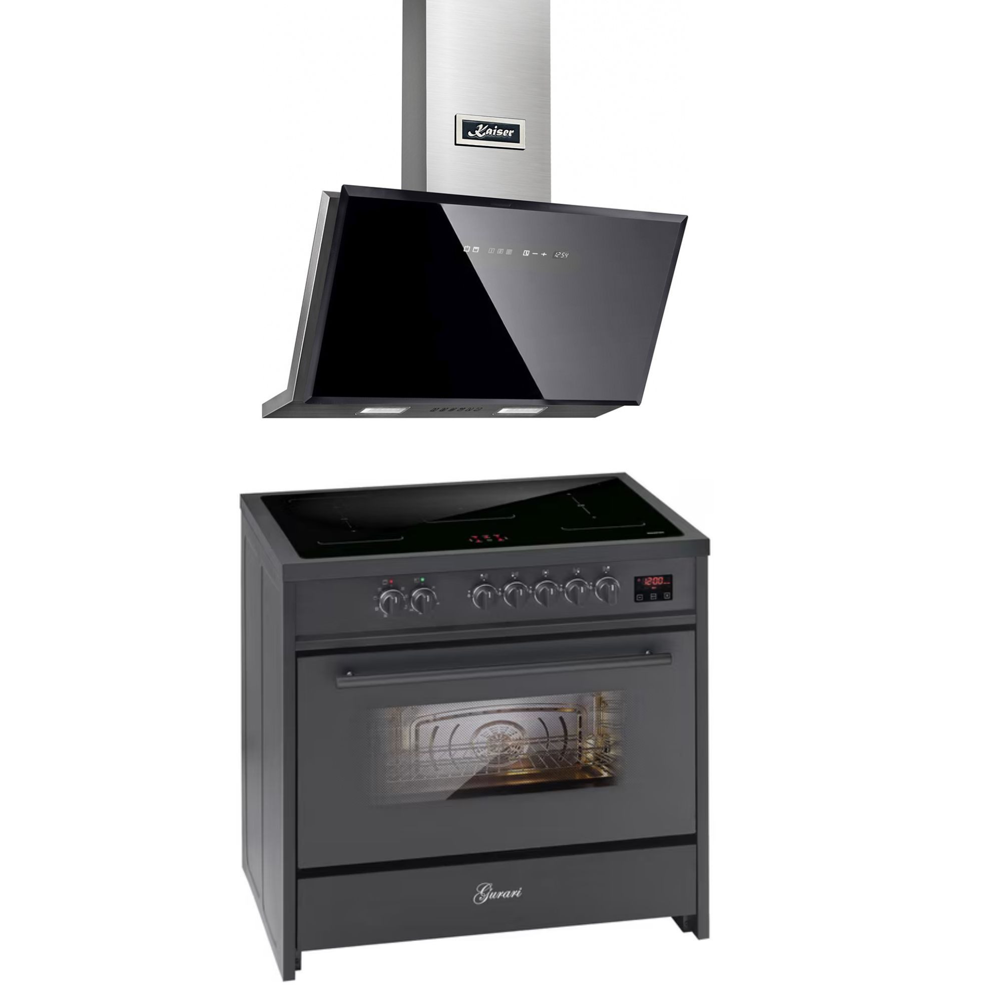 Induktions Herd-Set Induktionsherd 90 cm Standherd Schwarz, 5 Kochzonen, XXL Backofen 121L, Range Cooker,FLEX Zonen+ Luxus Dunstabzugshaube 90cm,TouchControl, Schwarz Glas,1250m³/h E 913 BL+AT 9430 F ECO