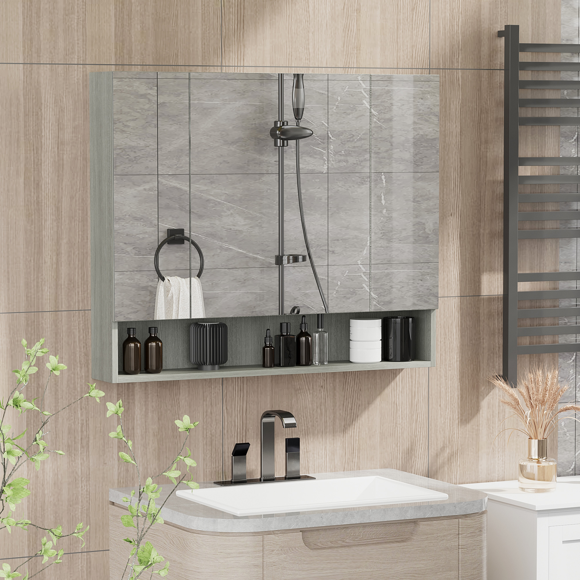 kleankin Badezimmerschrank mit Spiegel, Toilettenregal 3 Spiegeltüren, verstellbare Regale, 90x15x75cm, grau