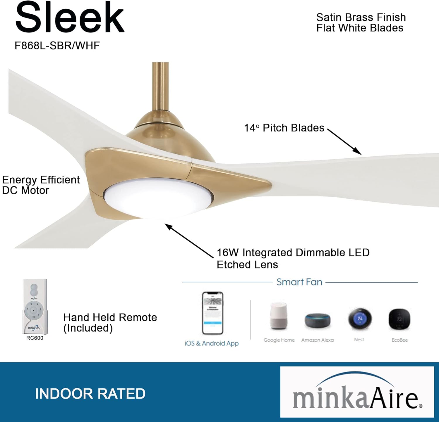 Minka Aire Sleek 60&prime;&prime; Smart Ceiling Fan, Soft Brass/White, LED, App Controlled, Indoor, Energy Star Certified