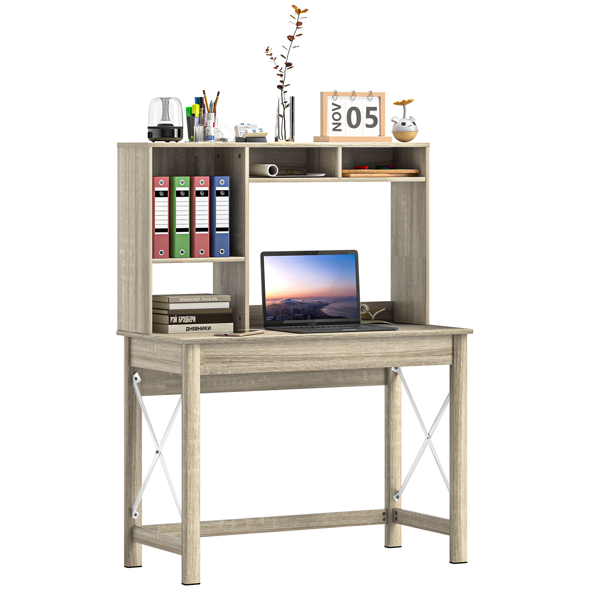 HOMCOM Schreibtisch mit Aufbewahrung, Bücherregal aus Holz mit Regalen und großer Platte für kleine Räume, Eichenoptik