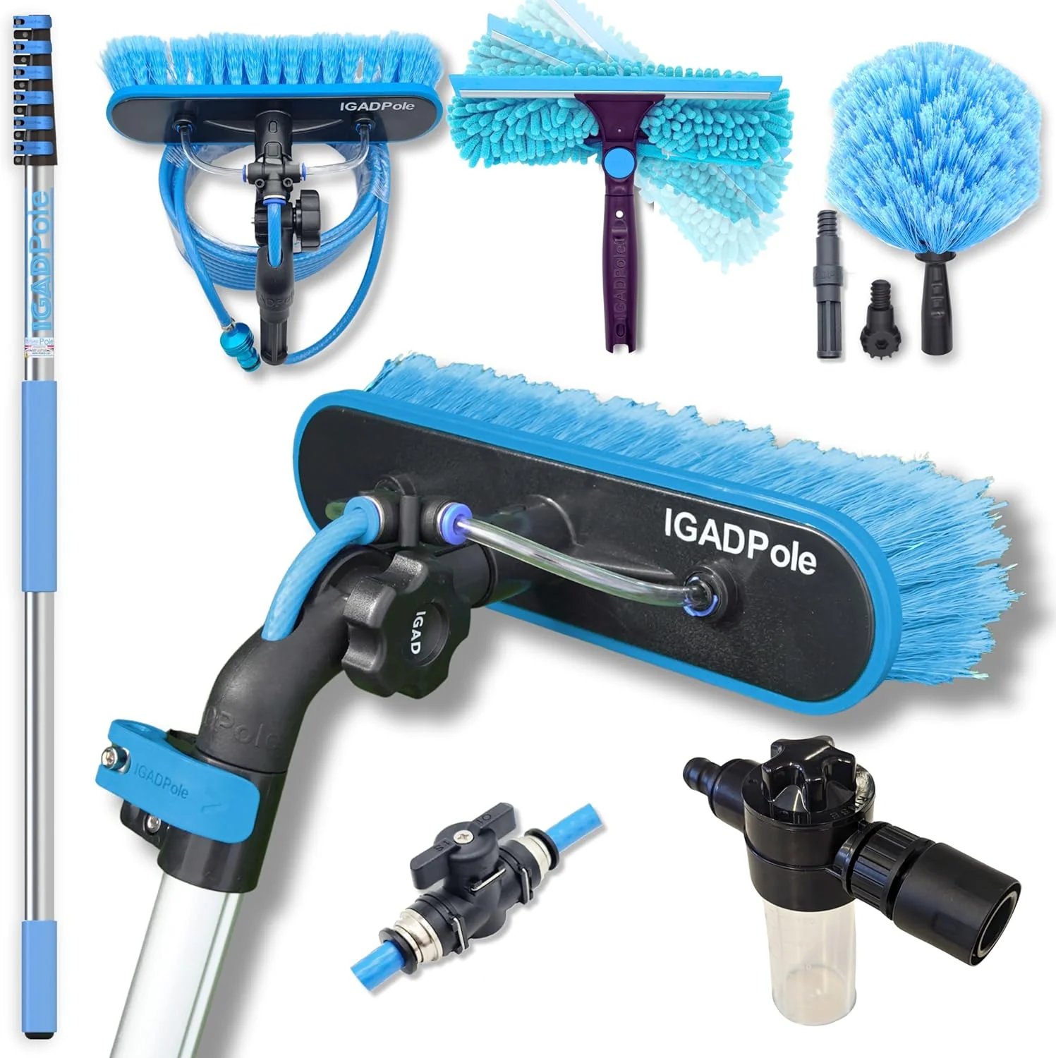 24-foot pole-type cleaning kit: water-driven brush, spider web cleaner, 10-inch scraper and soap box, with 5 to 24 feet (7 meters) of extendable pole.