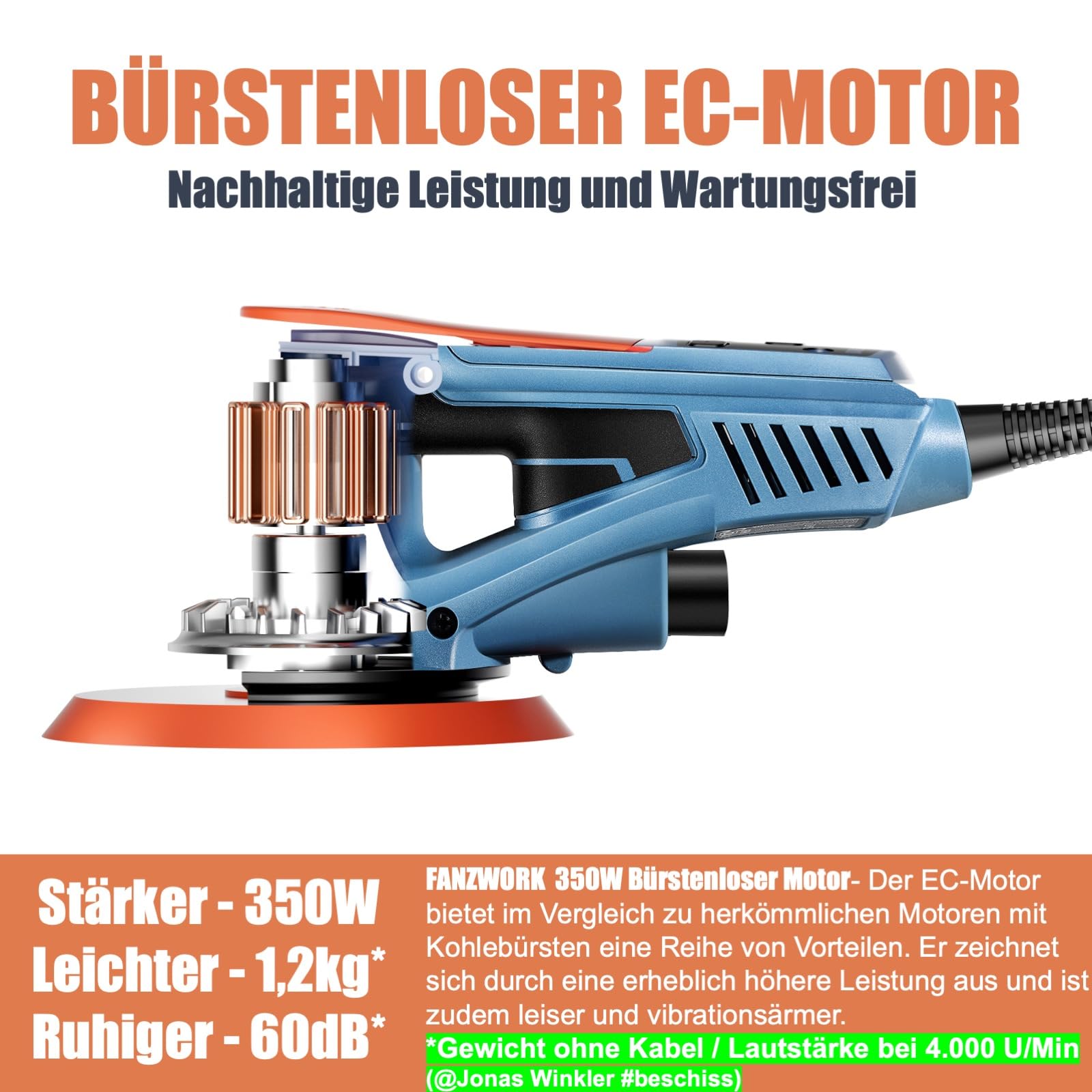 Bürstenloser Exzenterschleifer HG0013 350 W 5 mm Hub 150 mm Set für Holz Metall Auto Lack Schleifarbeiten