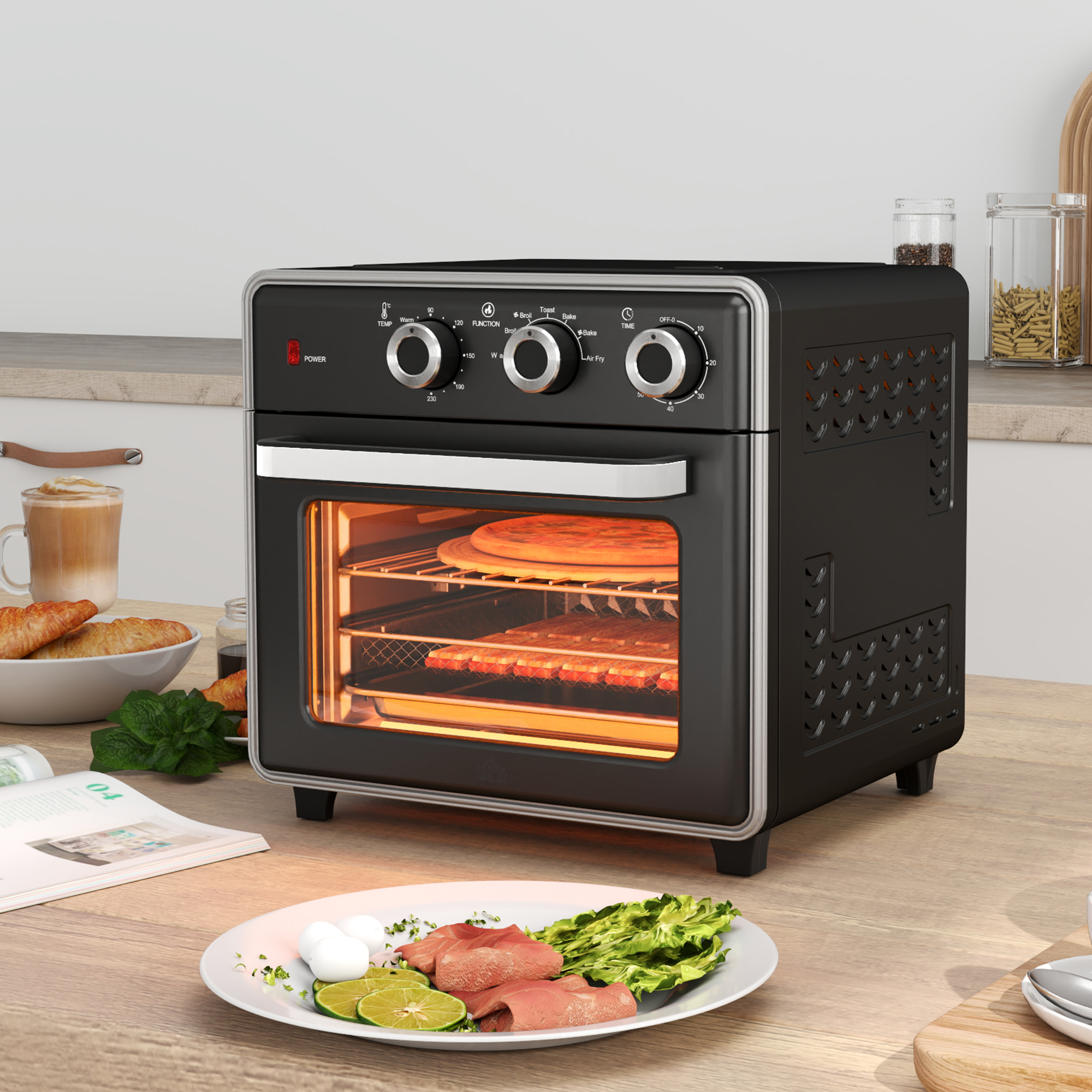 HOMCOM Minibackofen, 20L, 5 Funktionen, 360° Heißluft, Grillrost, Krümelblech, Schwarz