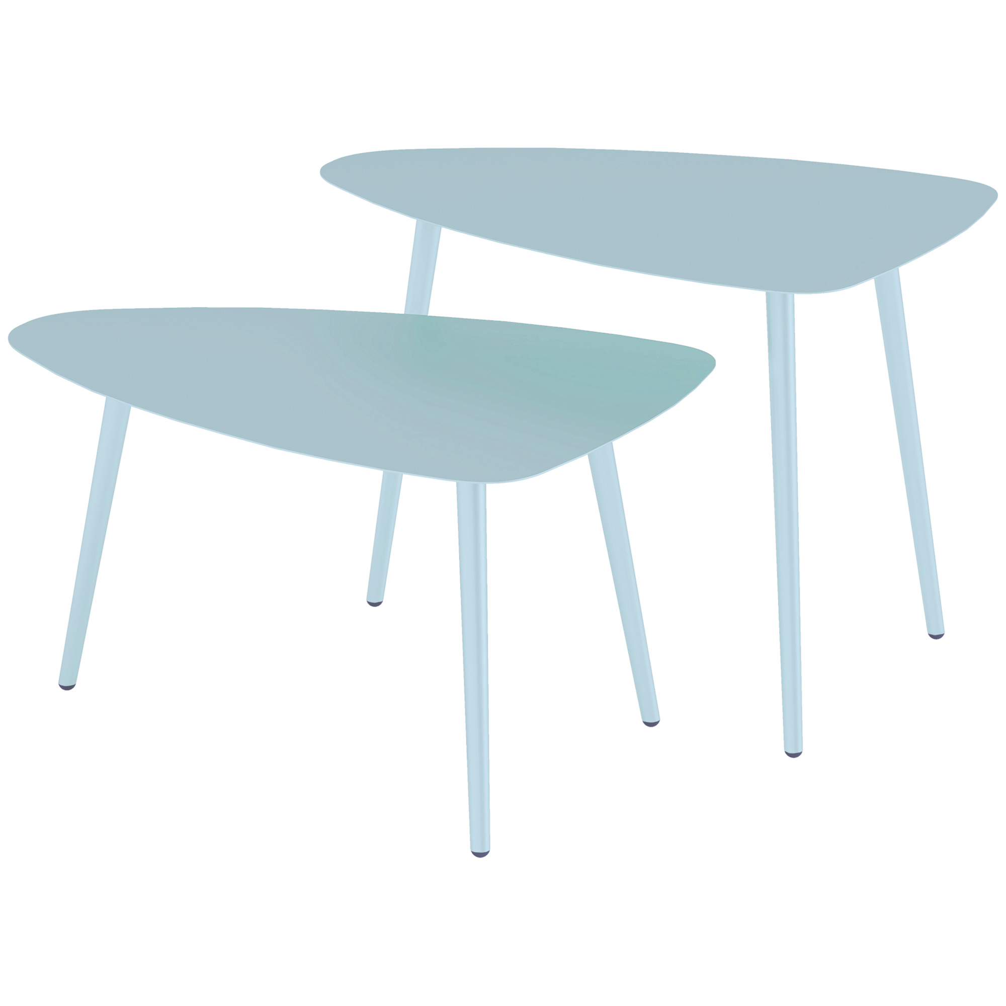 Outsunny Set mit 2 Garten-Couchtischen, nestbare dreieckige Beistelltische, Stahlrahmen mit verstellbaren Gleitern hellblau