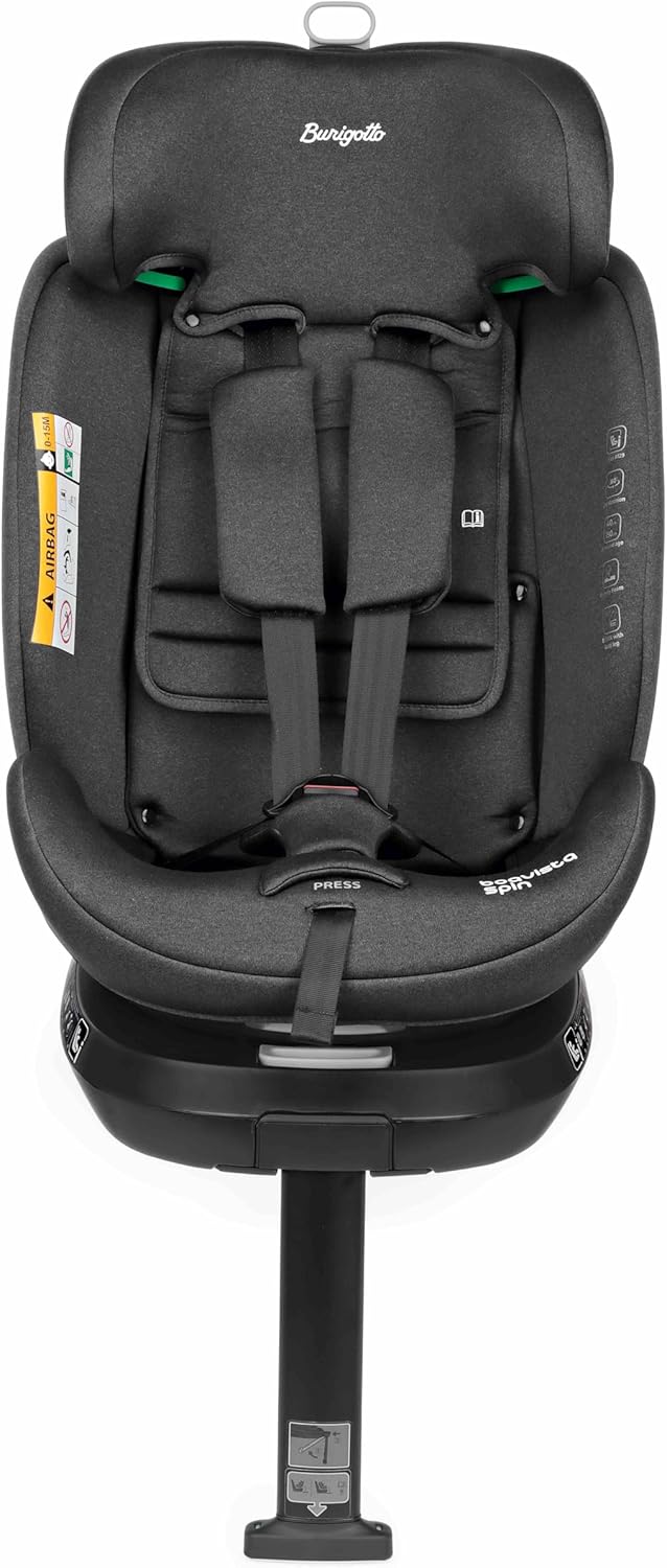 BURIGOTTO BOAVISTA SPIN BLACK & GREY è il seggiolino auto girevole All-In-One omologato i-Size ECE R129/03 per bambini dalla nascita fino 150 cm di altezza (0-12 anni).