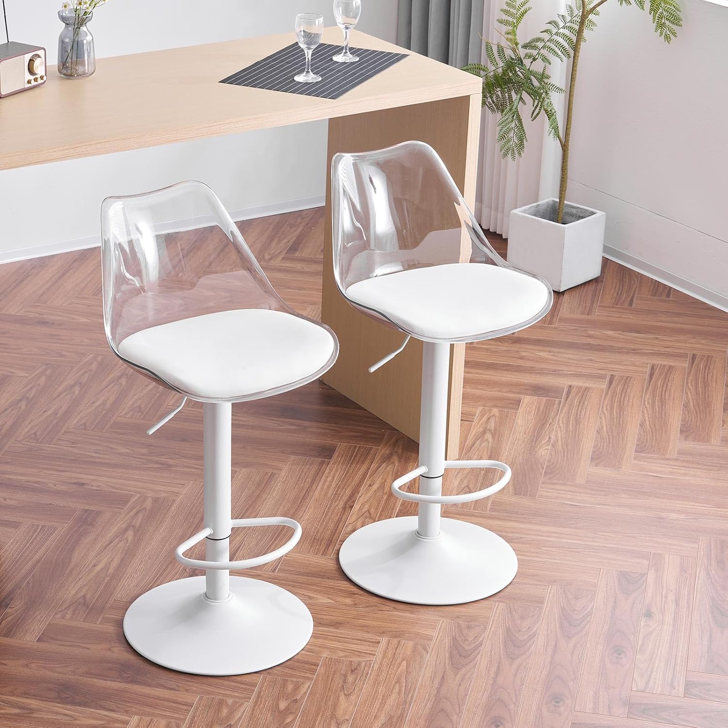 Fiximaster Barhocker, Transparent, 2er Set, Höhenverstellbare Tresenhocker mit Rückenlehne & Fußstütze, Drehbare Barstühle 360° gepolstert