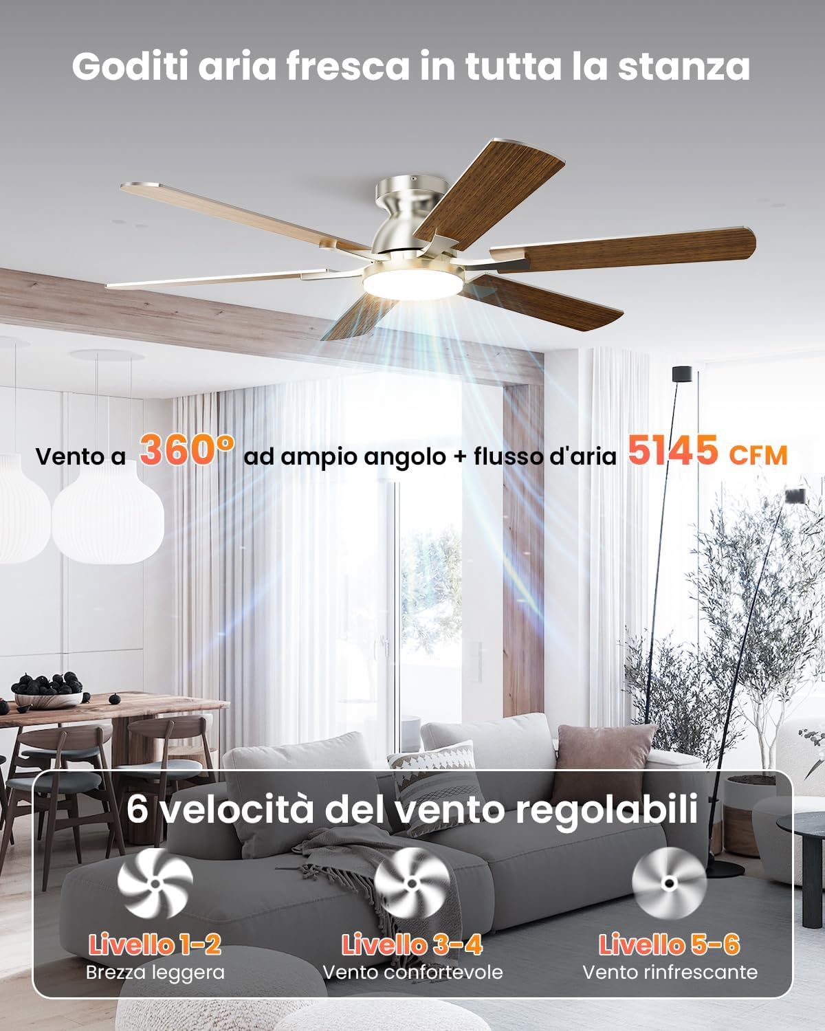Airwit 132cm Grande Ventilatore da Soffitto con Luce Doppia Faccia Pale, Silenzioso Ventilatore da Soffitto con Telecomando e Reversible DC Motore, Lampada Ventilatore da Soffitto per Camera da Letto