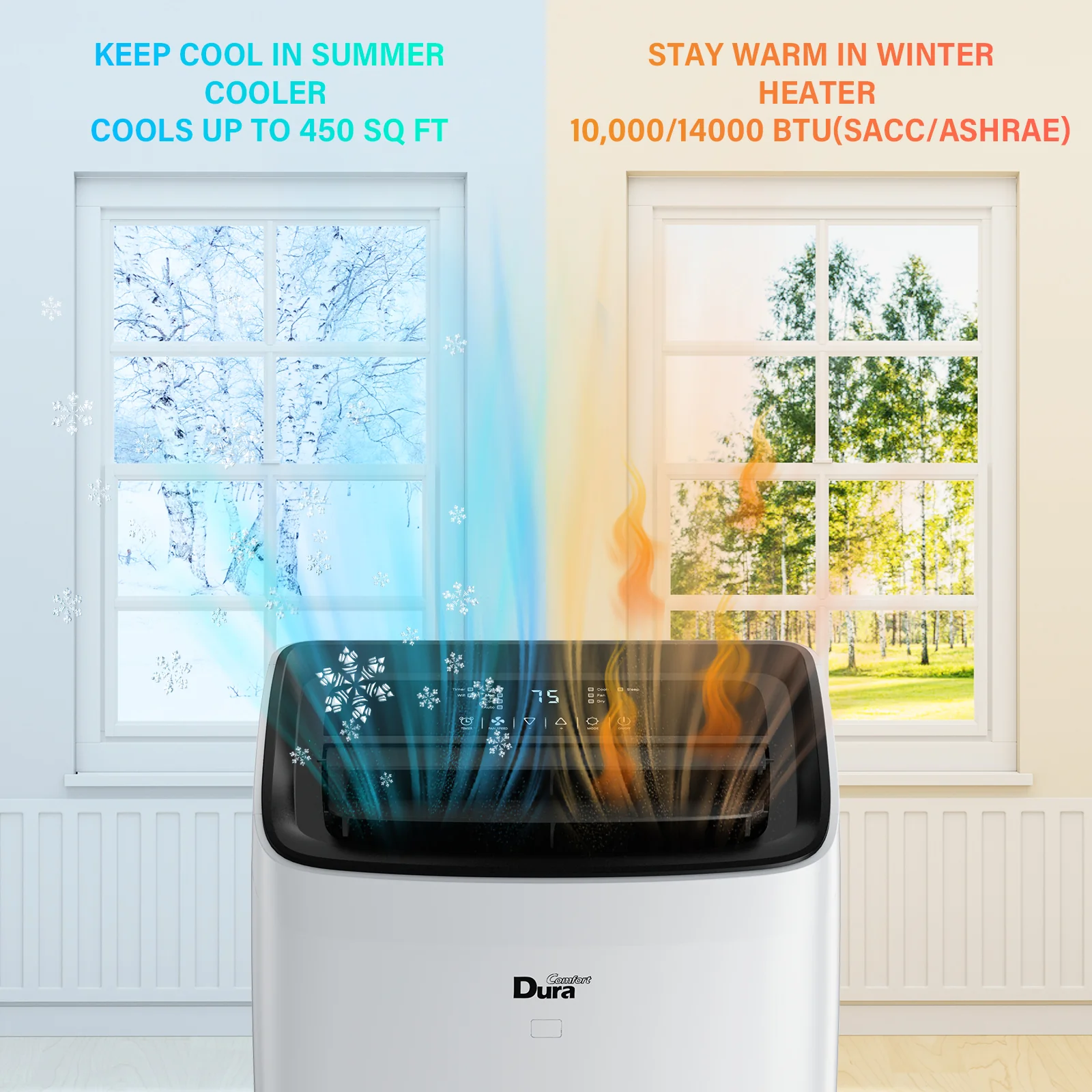 2025 DuraComfort Draagbare Airconditioner C Koeling en Verwarming, Ontvochtiger, Ventilator, SACC 10400 BTU, Ashrae 14000 BTU, Tot 450 vierkante voet, Wit