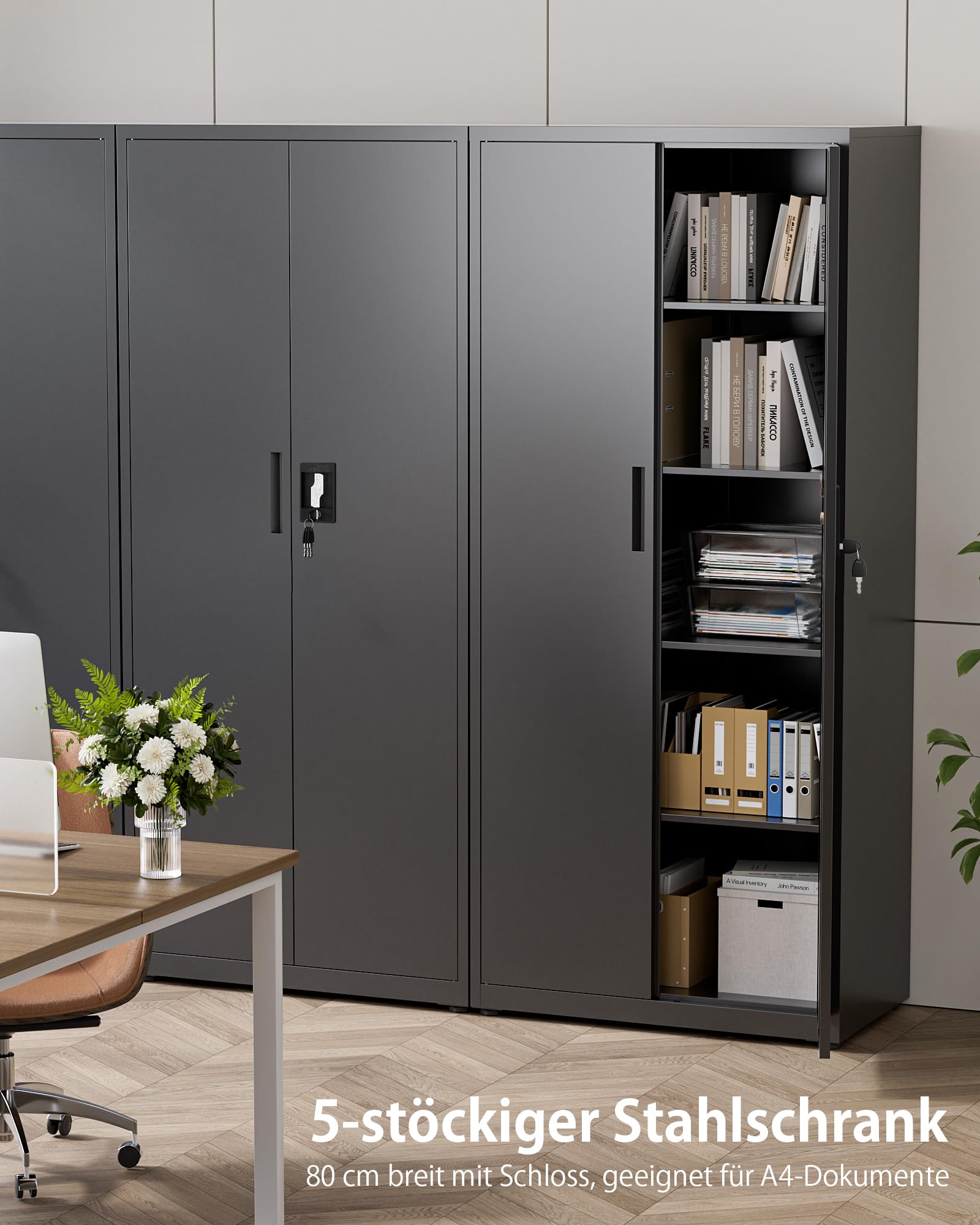 Stahlschrank mit Schloss, 5 Ebenen und verstellbaren Einlegeböden, 80x40x181,5 cm, schwarz