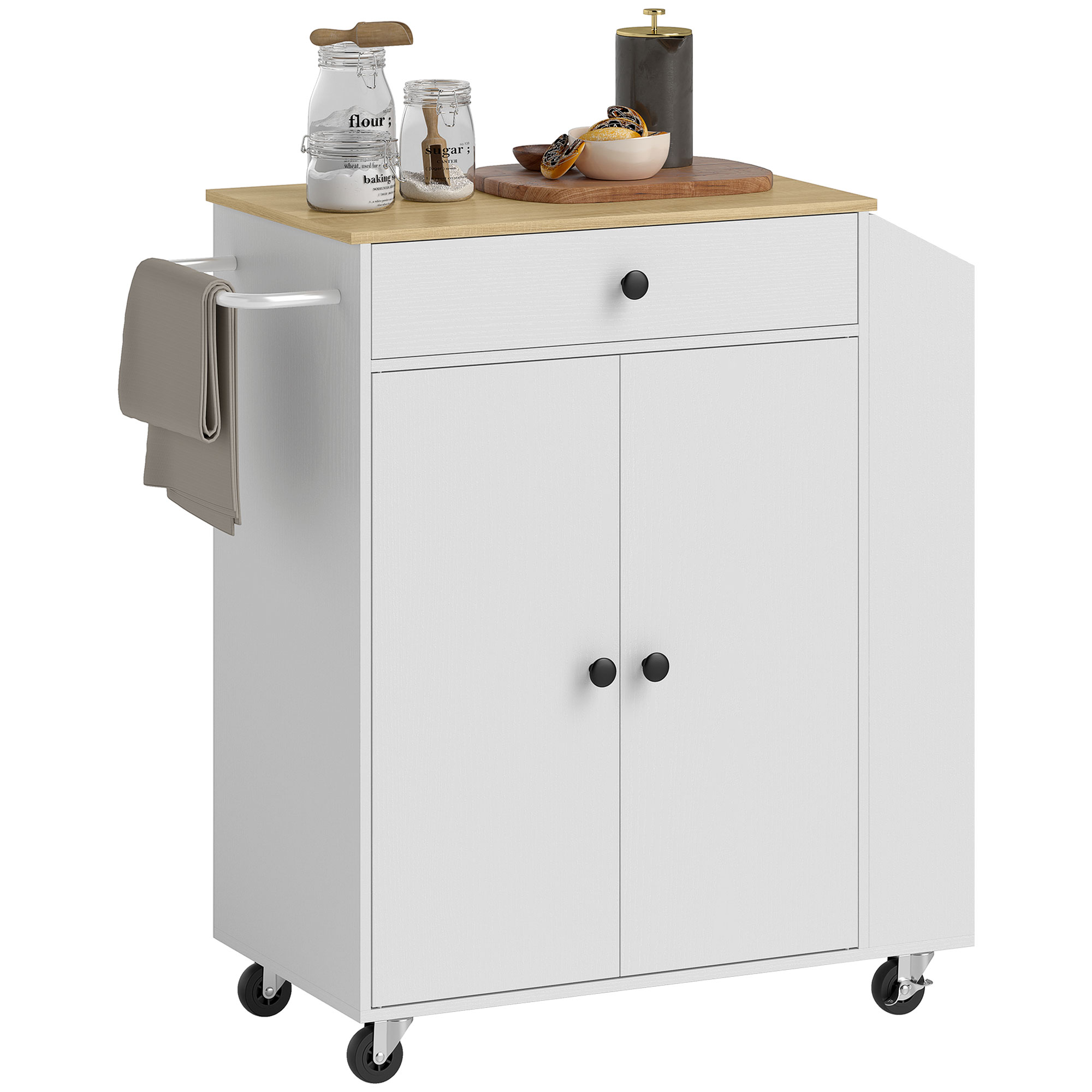 HOMCOM Küchenwagen mit Schublade, Schrankfach, Gewürzregal, Handtuchstange,  82 x 38 x 86,5 cm, Weiß/Eiche