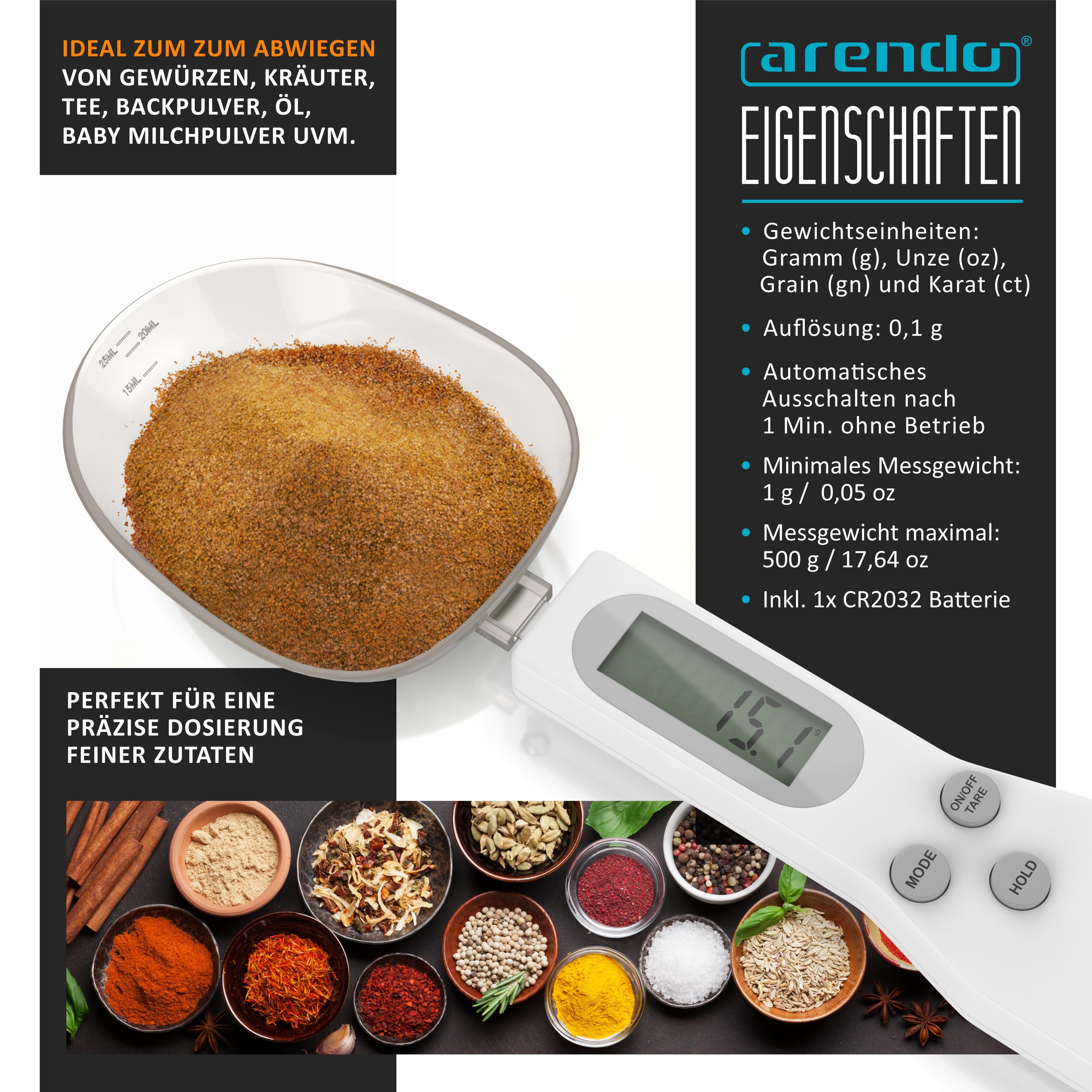 Löffelwaage digital, Küchenwaage Feinwaage, LCD-Anzeige, 0,1g Auflösung, max. 500g