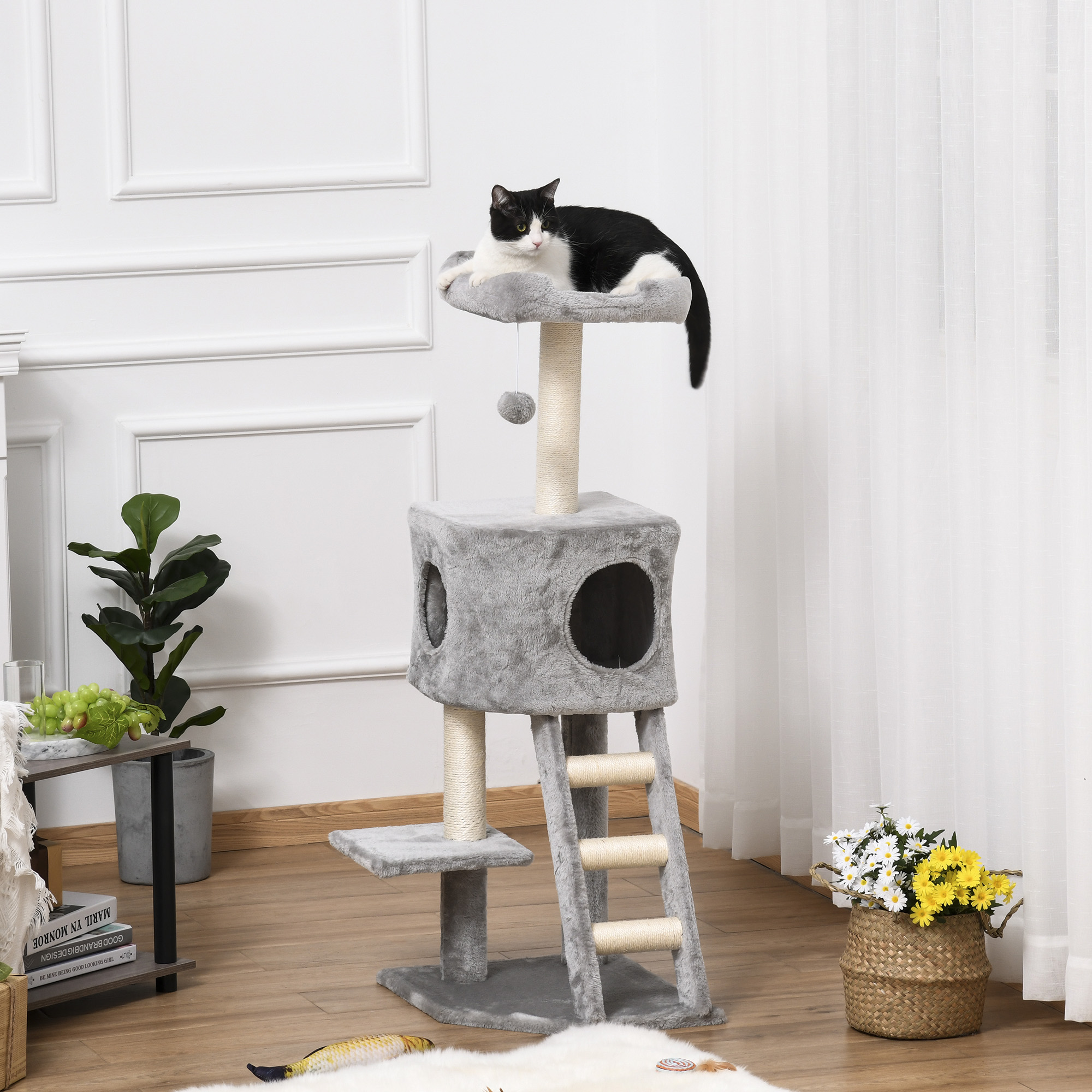 PawHut Kratzbaum 120 cm Katzenturm mit Höhle, Spielball, Sisalstämme,  Plattform, Treppe, mehrstöckiger Katzenkratzbaum, Kletterbaum für Katzen, Hellgrau