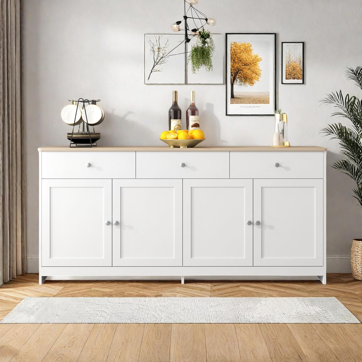 Credenza, Credenza Sala da pranzo con 4 ante e 3 cassetti, armadio da cucina con piano di lavoro, mobile per soggiorno, cucina, sala da pranzo, bianco, 160 x 37 x 75 cm
