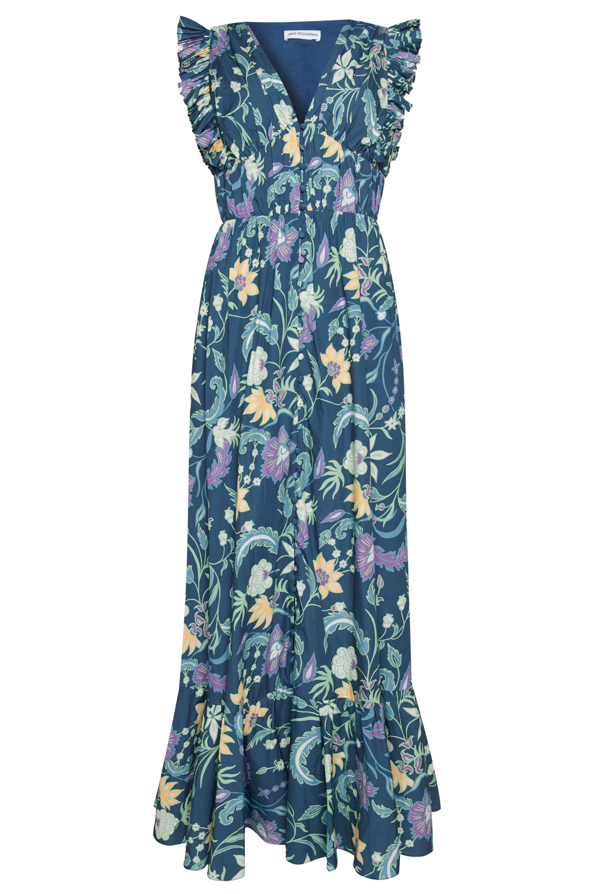 Petrol Blue Folk Floral Maxi Dress