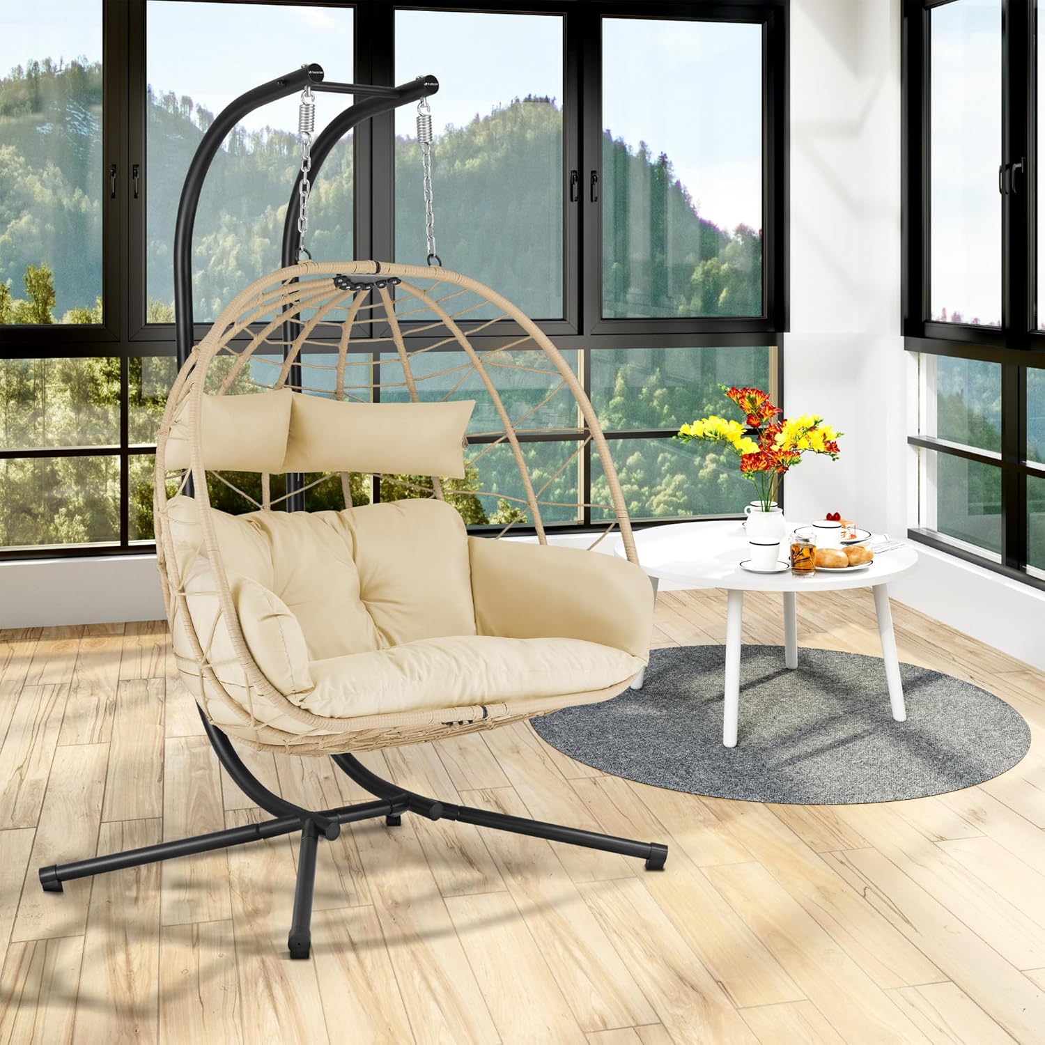 Hanging Chair for 2 People with Support | Cream | XXL Swing for Indoor and Outdoor | Cushion and Cushion Included | Two Seater Chair, Wicker Chair