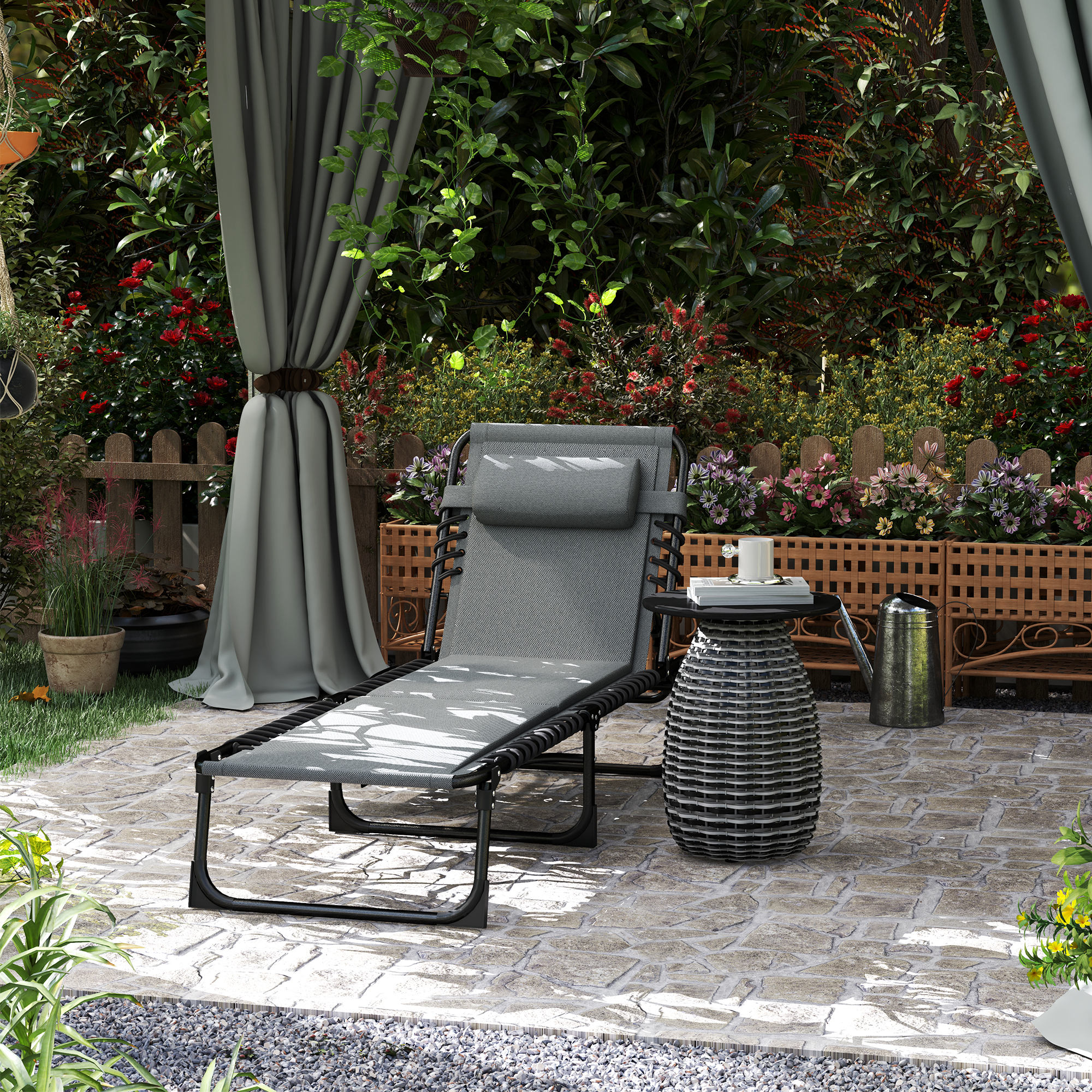 Outsunny Liegestuhl, Sonnenliege mit Polsterung und Seitentasche, Gartenliege, Pool-Liege, Polsterliege, Grau
