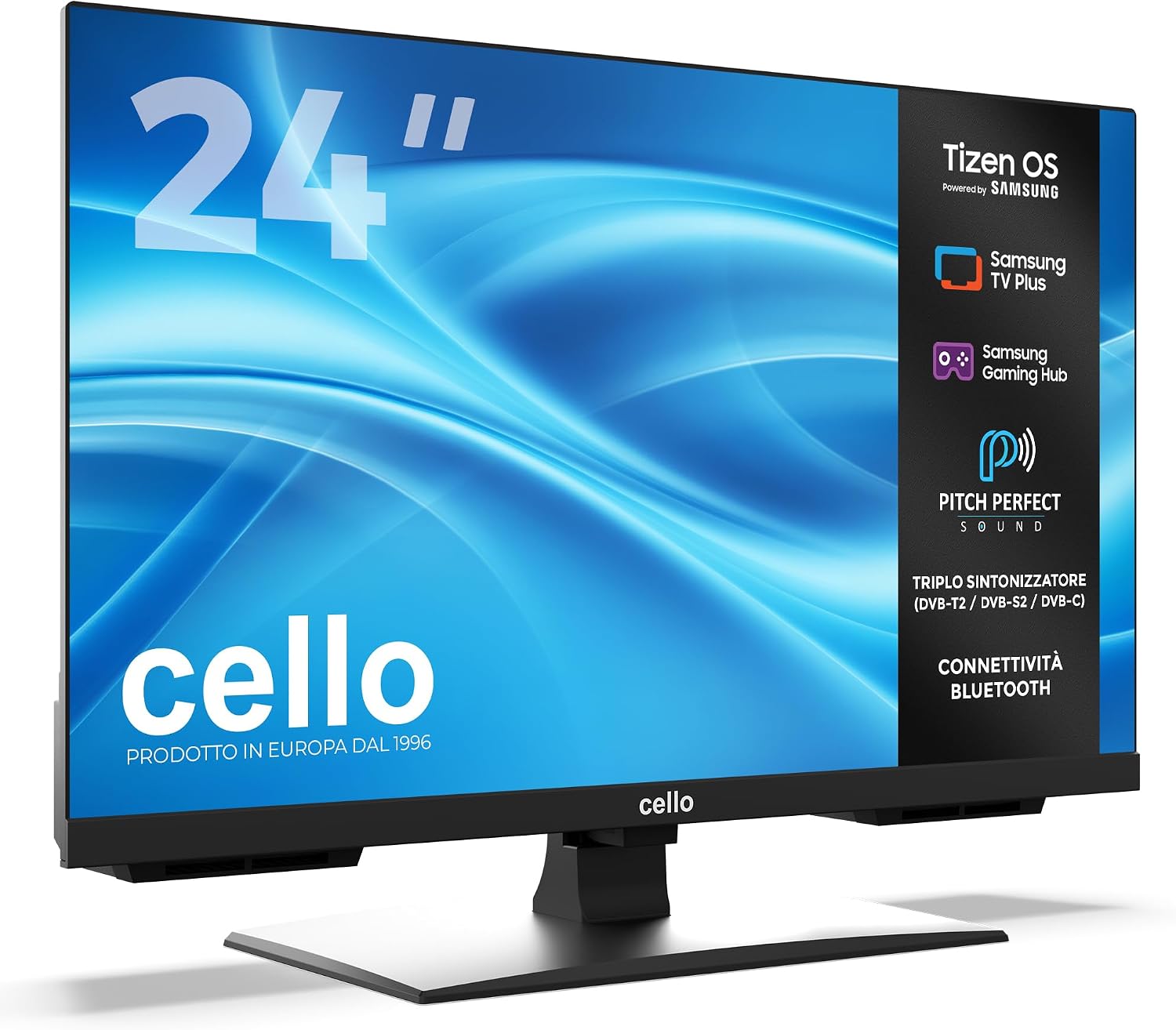 Cello C2426TZH TV LED Smart da 24' senza cornice con Tizen OS di Samsung, Bluetooth, Gaming Hub, altoparlanti Pitch Perfect, ideale per cucina, camera da letto e piccoli spazi, triplo sintonizzatore