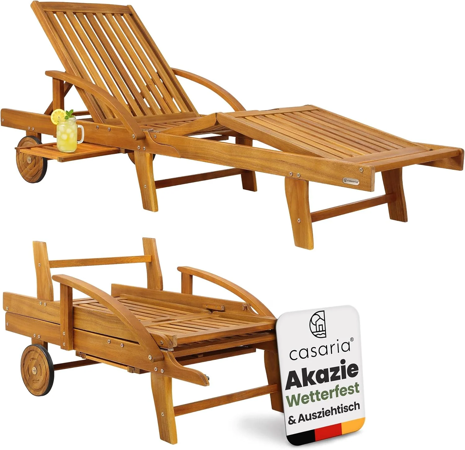 CASARIA Sonnenliege Holz 2er Set, 195,5 cm, klappbar mit Rädern