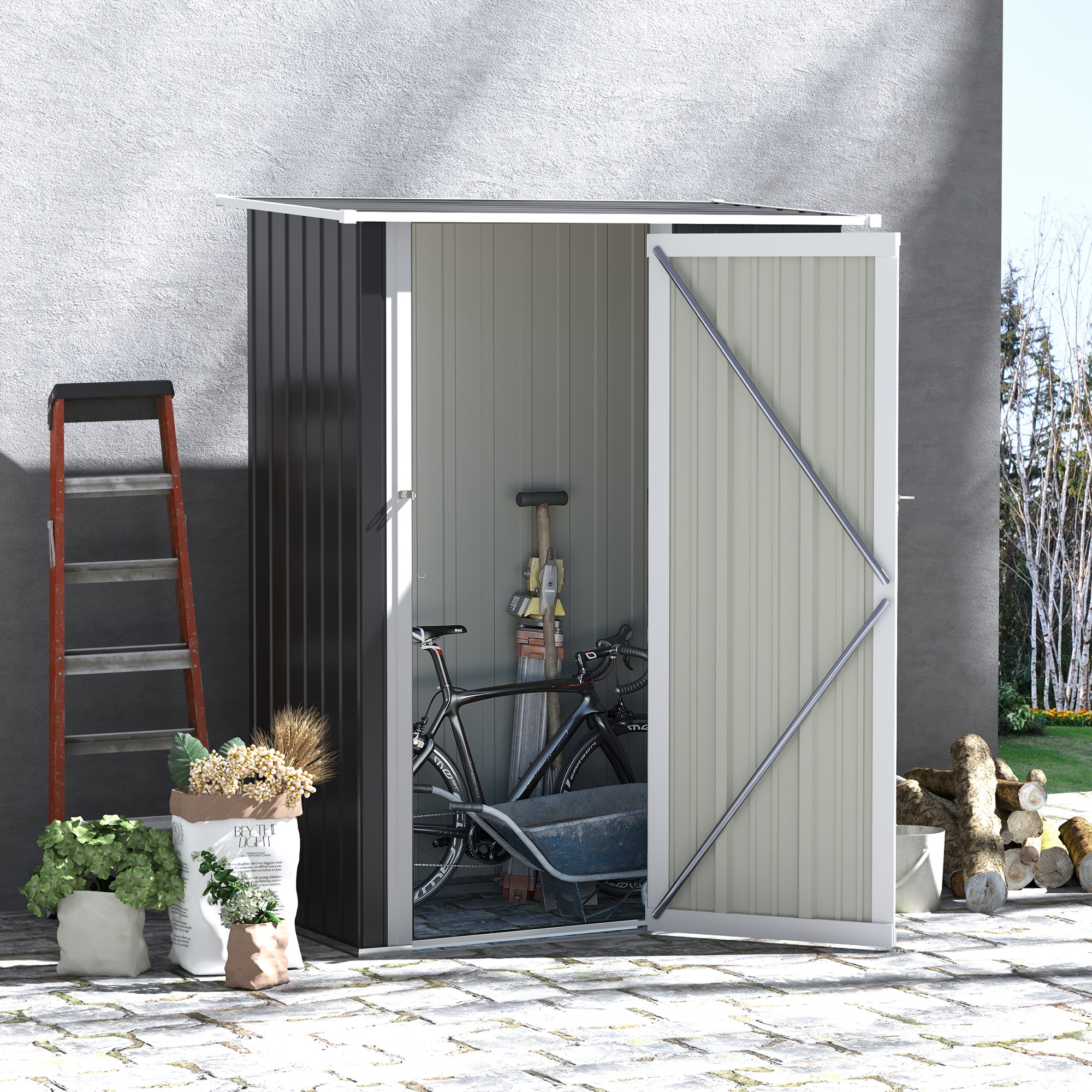 Outsunny Gerätehaus Gartenhaus Geräteschuppen mit Tür Outdoor Stahl Dunkelgrau 142 x 84 x 189 cm