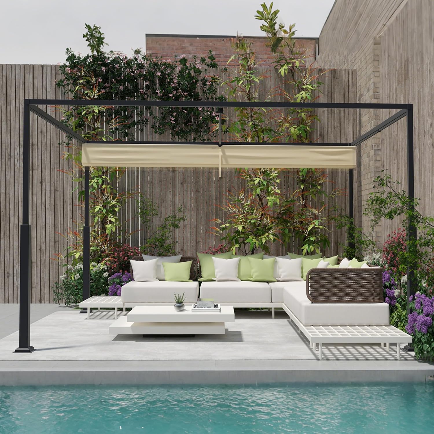 3x4m Pergola, Sturdy Metal Frame, Garden Gazebo with Sunroof and Sun Protection, Retractable Solar Tent for Garden, Terrace and Balcony (Beige)