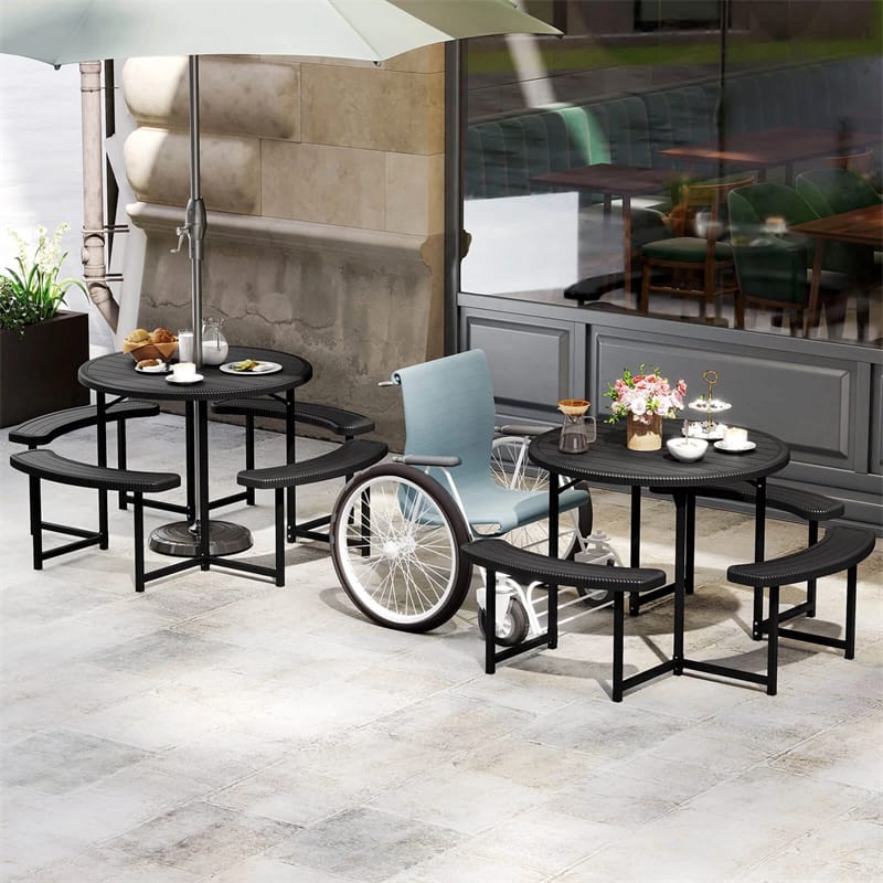 8 Person Round Outdoor Picnic Table Bench Set with Umbrella Hole, All-Weather HDPE Tabletop & Metal Frame for Patio Garden Yard