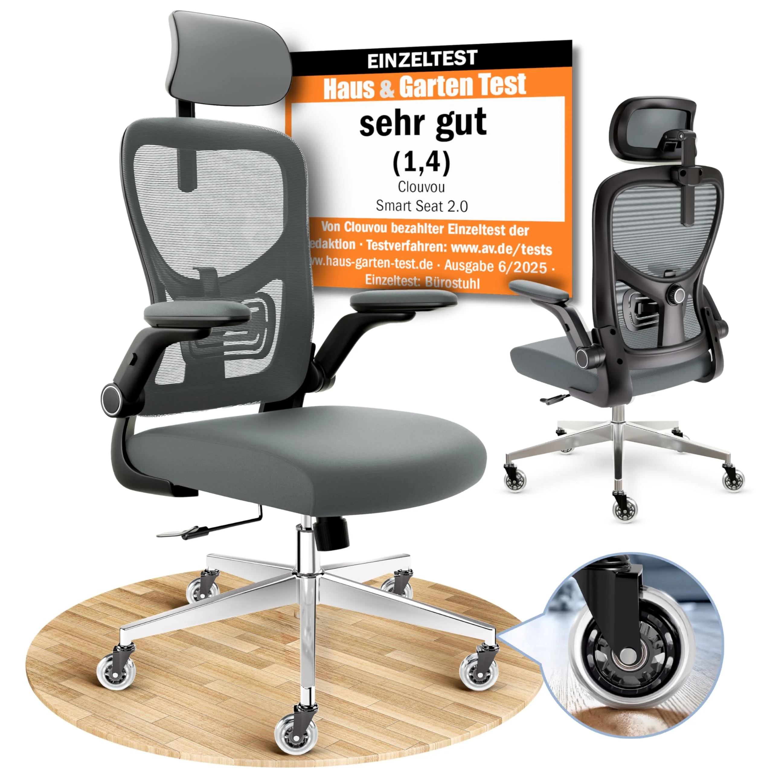 CLOUVOU Ergonomischer Bürostuhl mit verstellbaren Armlehnen und Kopfstütze