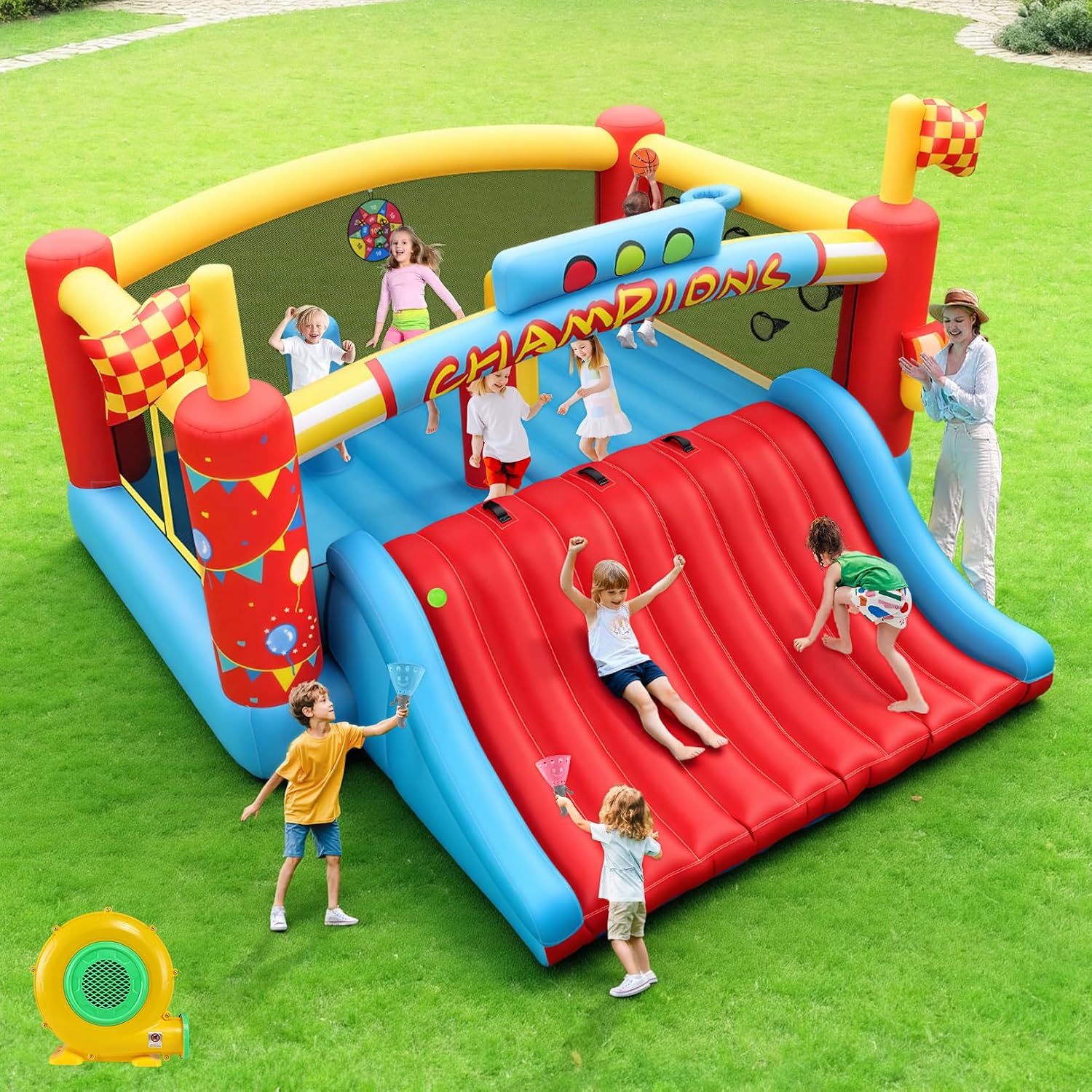 AKEYDIY Große Hüpfburg für Kinder, Aufblasbare Rutsche mit Kletterwand und Basketball, Rennthema Spielcenter für Garten