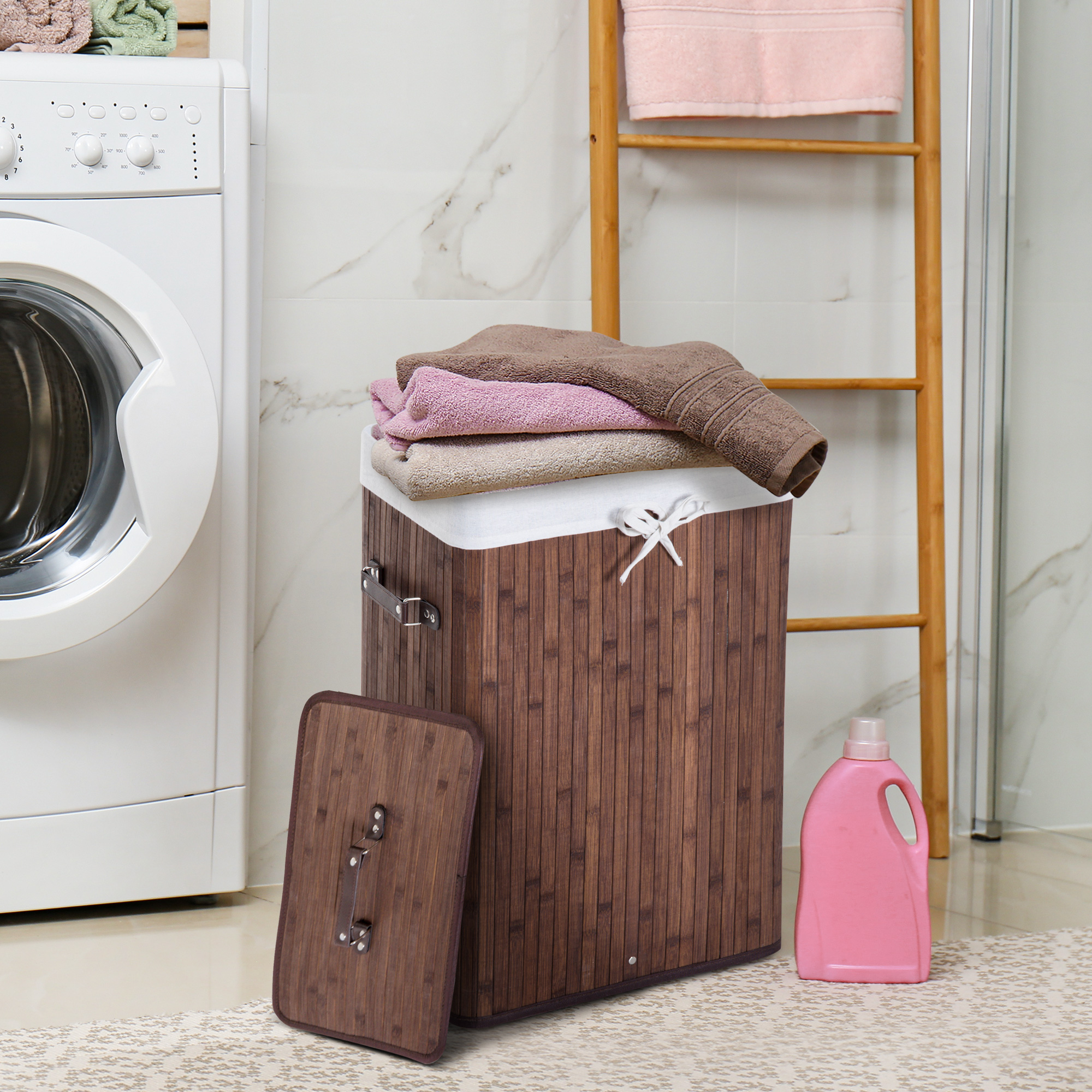 HOMCOM Wäschekorb schmal mit Deckel 72L Wäschesammler mit Griff, herausnehmbarer Wäschesack, Wäschebox für Waschküche Schlafzimmer Badezimmer, Dunkelbraun