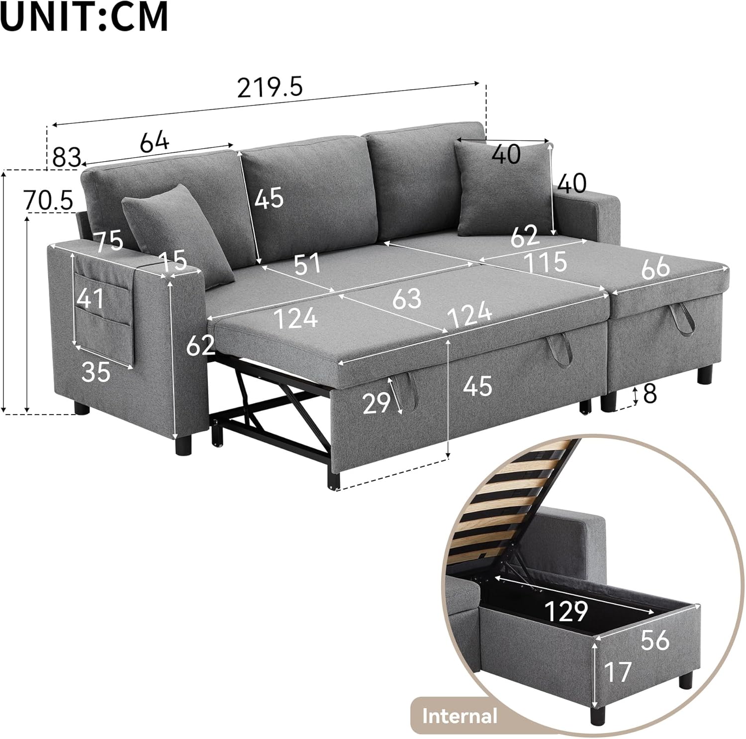 Bladez Divano letto a forma di L con vano portaoggetti intercambiabile Chaise Longue moderno divano ad angolo soggiorno, divano in cotone e lino, divano letto estraibile (grigio B, 3 posti)