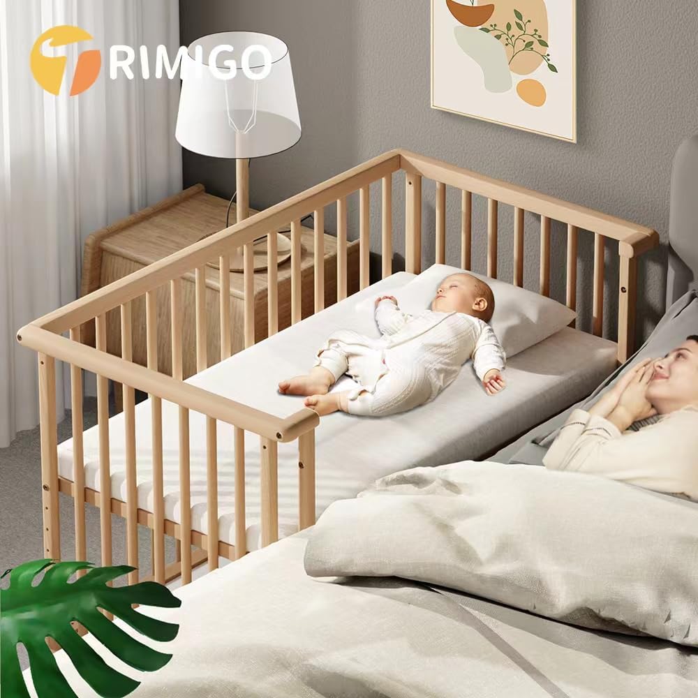 Trimigo 6-in-1 Babybett 118x70 cm mit Matratze und unbehandelt Buchenholz, wandelbar zu Sofa, Schreibtisch, höhenverstellbares, mit Rollen und Bremsen, mit Stauraum