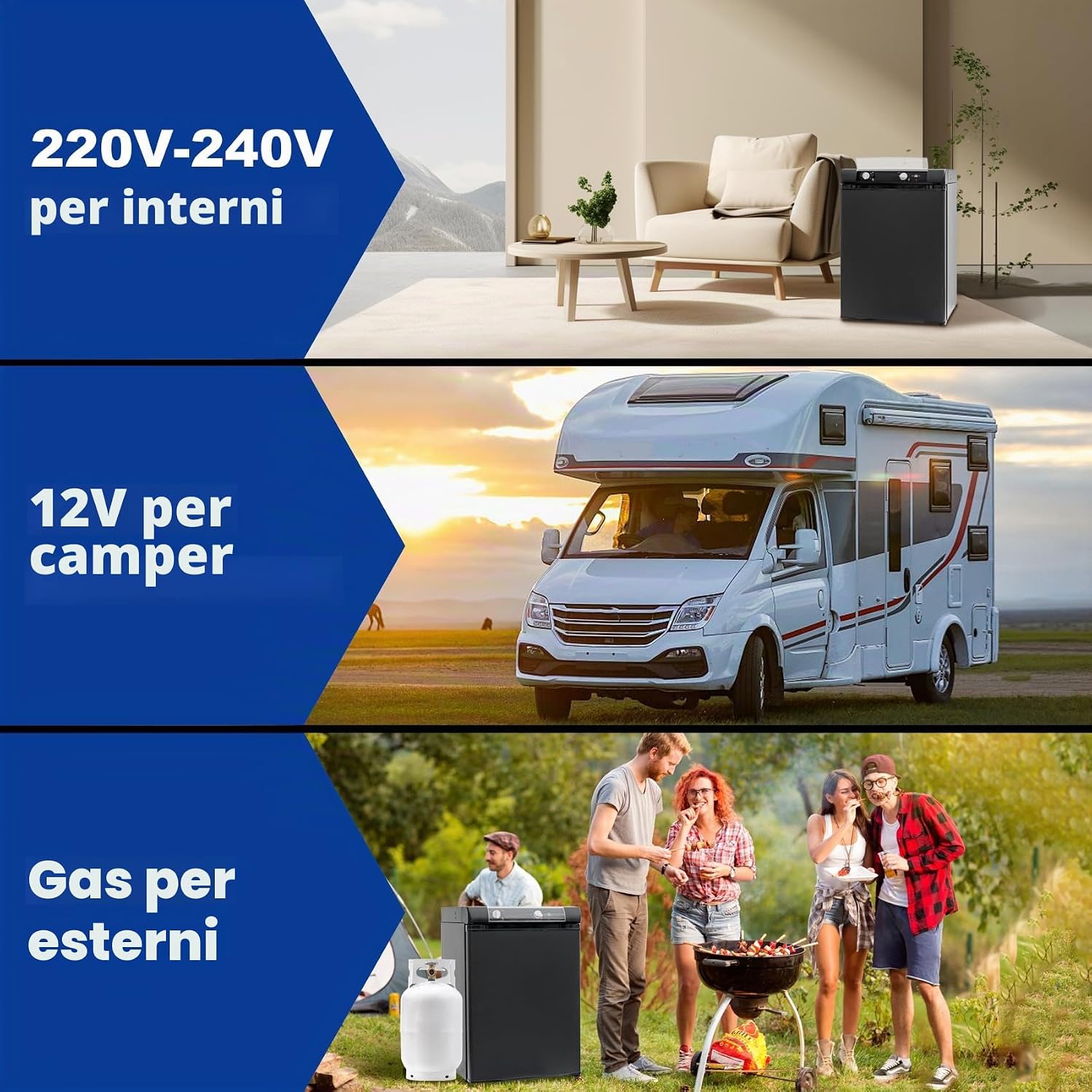 SMETA Frigorifero camper, 60L Frigo 12V/220V/Gas, Frigorifero Trivalente per Camper, Casa Mobile, Silenzioso Nero