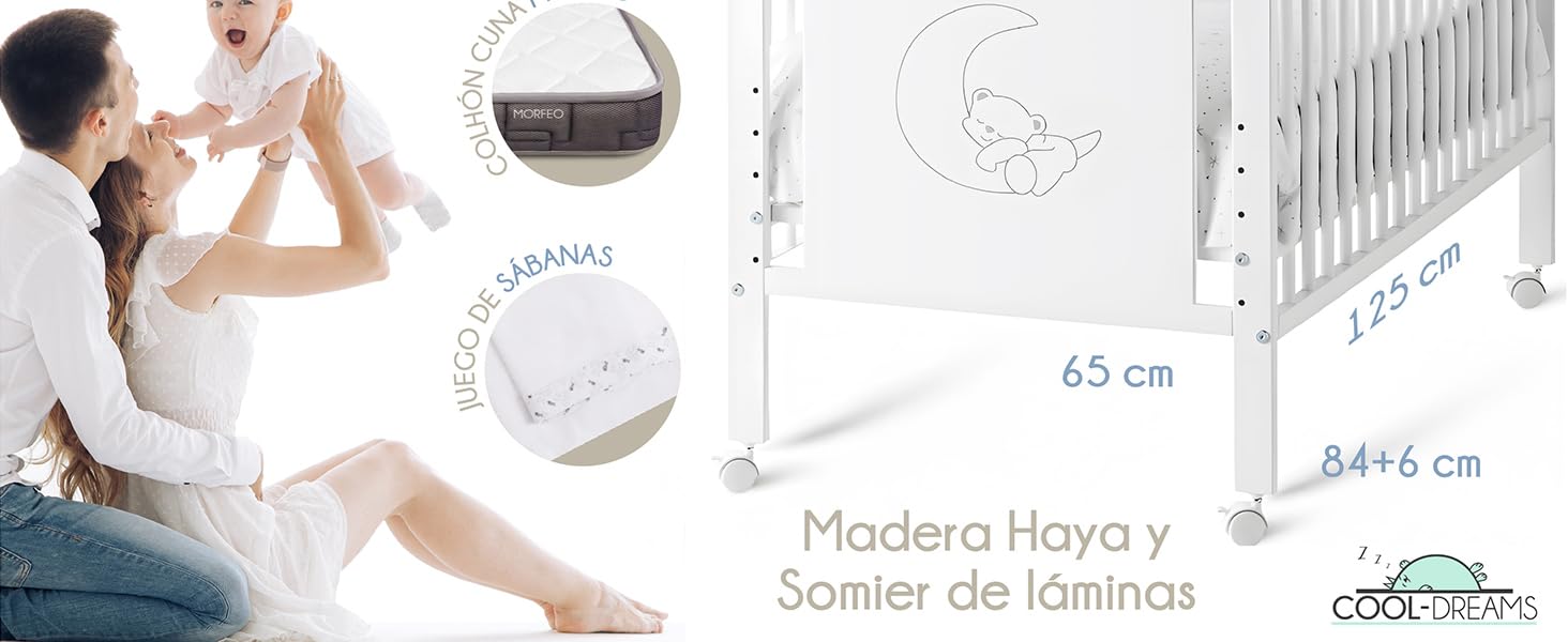 Cool Dreams - Cuna Indi 60 x 120 cm - Kit Colecho - Colchon Morfeo - Juego Sabanas