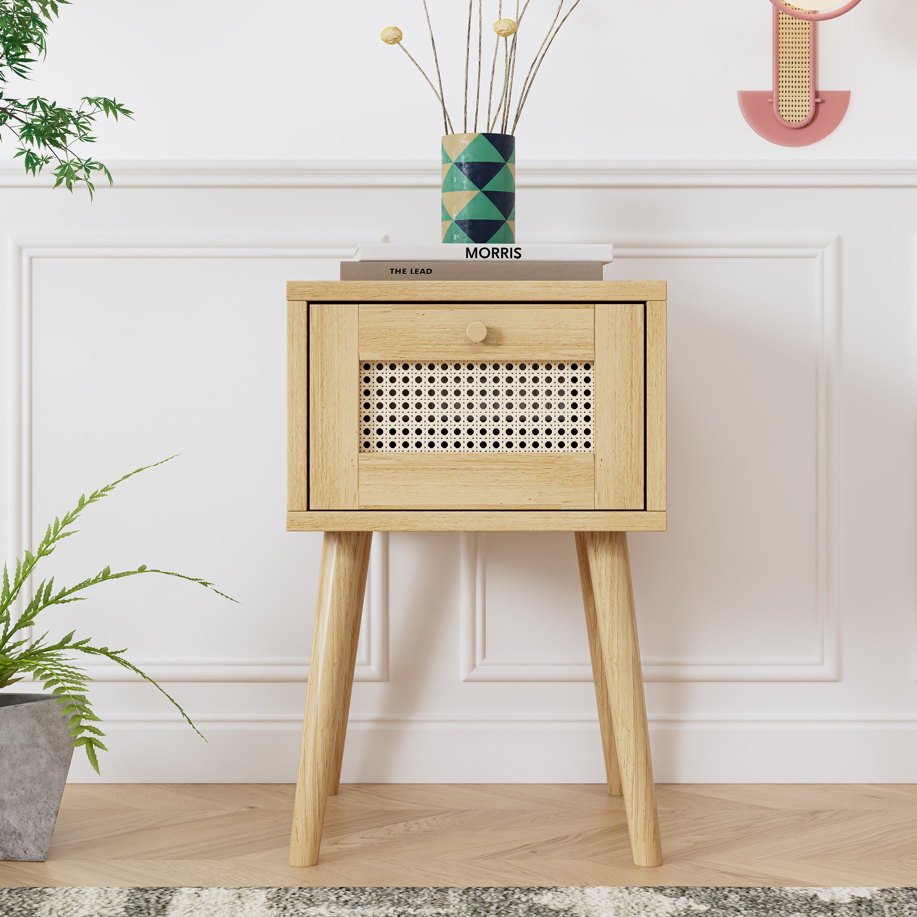 Klassischer Nachttisch mit Rattan-Schubladenplatte, goldfarbenem Metallgriff und langen Holzbeinen, Stauraum für Wohnzimmer und Schlafzimmer, 38×38×58,5 cm, Natur