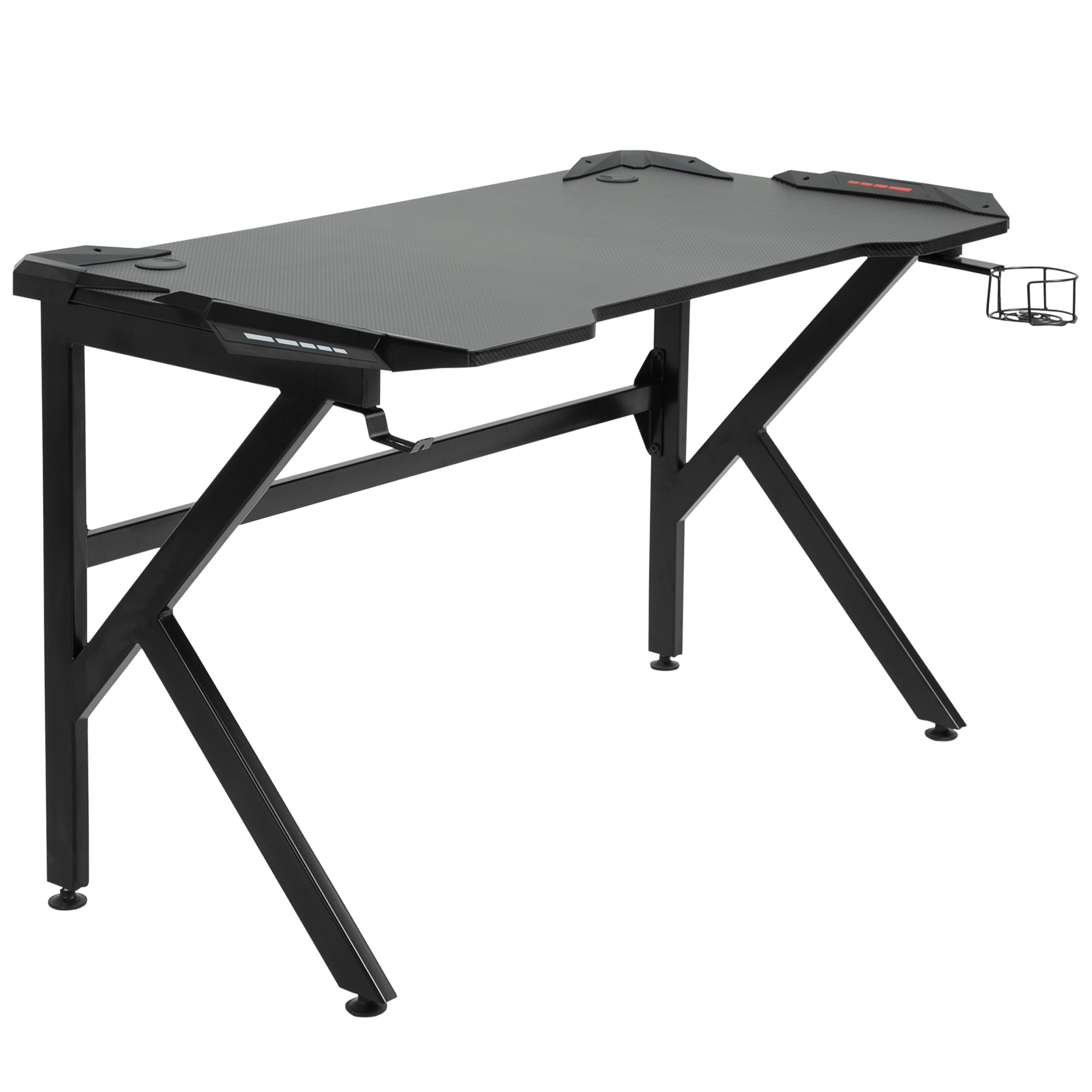 HOMCOM Gaming-Schreibtisch Gamer-Schreibtisch Computertisch mit Kopfhörerhalter Getränkehalter Kabeldurchführungen inklusive Metall MDF Textur Karbonfaser Schwarz
