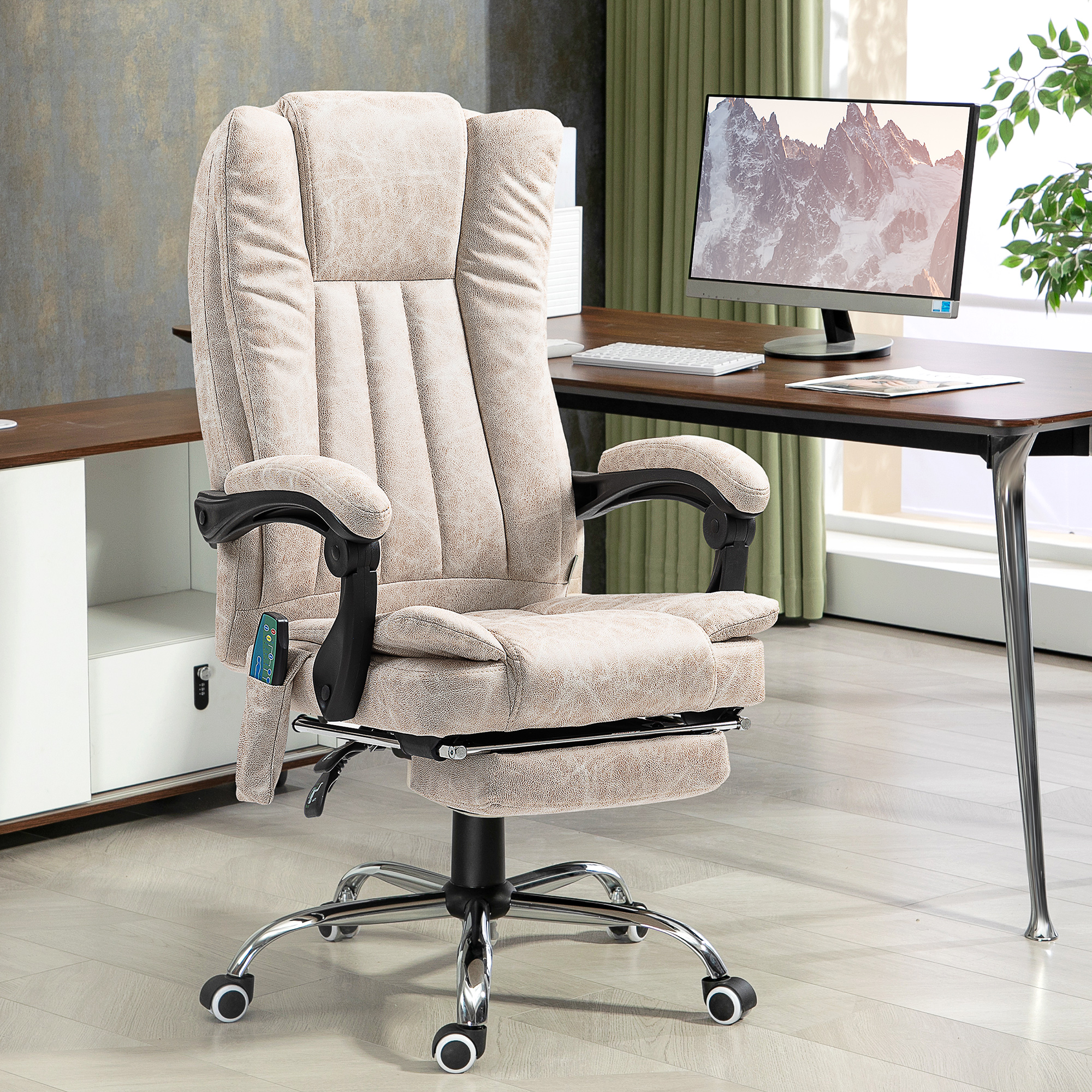 Vinsetto Bürostuhl mit Massagefunktion, Ergonomischer Schreibtischstuhl mit Liegefunktion, Heizfunktion, Seitentasche, Cremeweiß