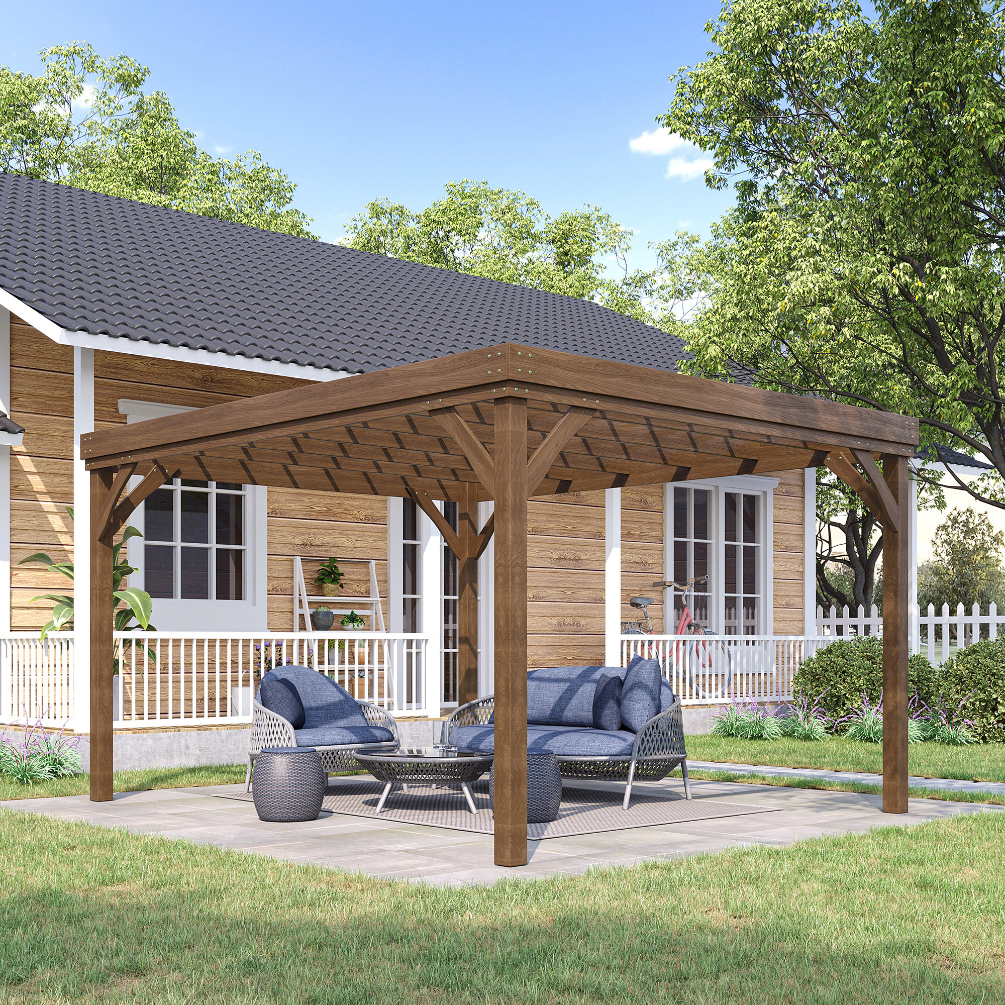 Outsunny Pergola 4 x 3 m traditionell freistehend aus Holz mit 4 Pfosten Terrassendach zum Dekorieren - Braun