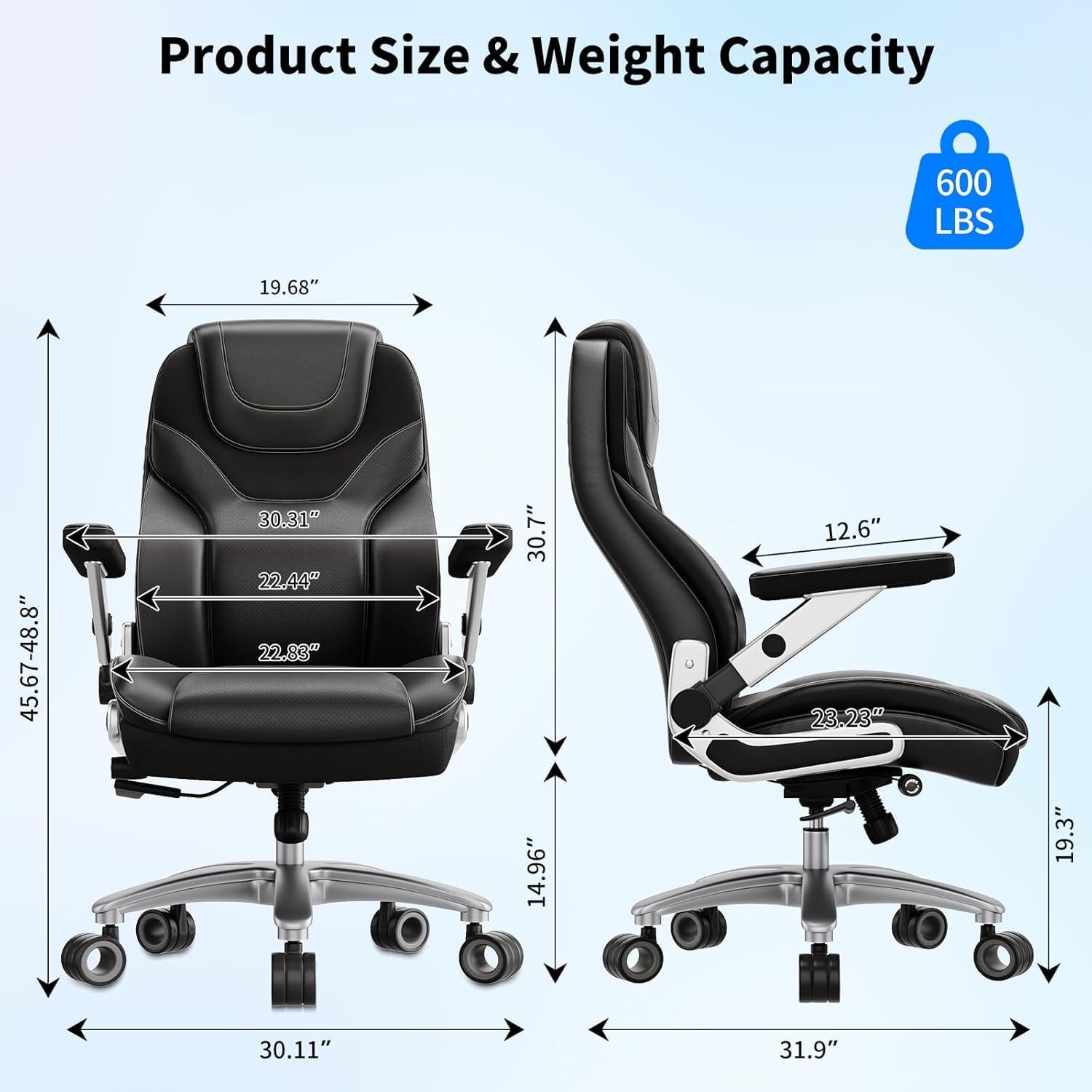 Big and Tall Office Chair with 5D Arms, 600lbs Fabric & PU Leather Heavy Duty Desk Chair, Adjustable Lumbar Support & Height, Tilt Function, High Back Ergonomic Executive Computer Chair
