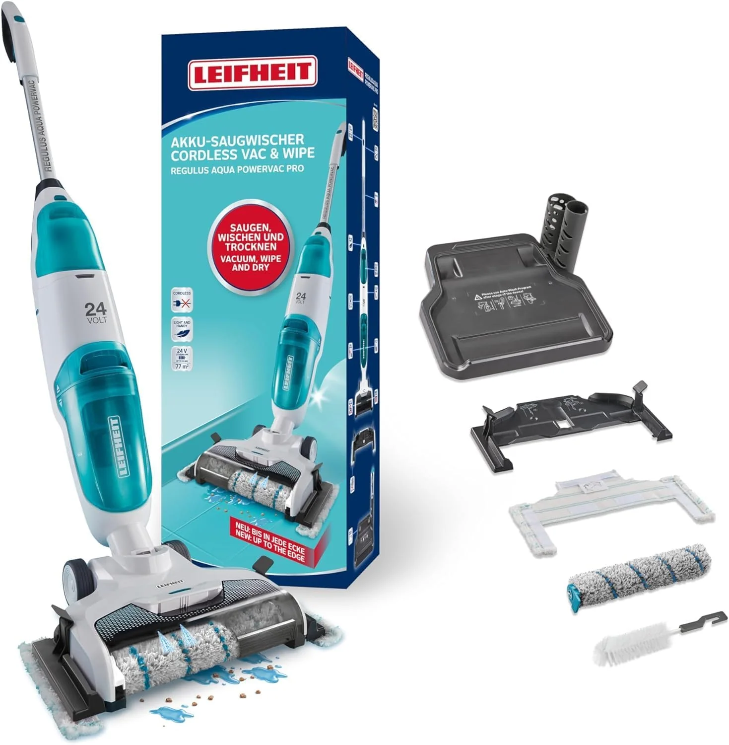 Leifheit Set Akku Saugwischer Regulus Aqua PowerVac inkl. zwei Ersatzrollen, Nasssauger mit leistungsstarken 24V, saugen und wischen