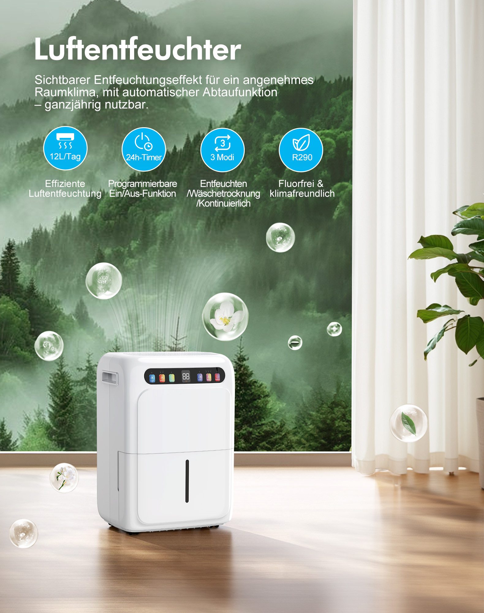 Luftentfeuchter 20L/Tag Luftentfeuchter Elektrisch 6L Wassertank 24H Timer