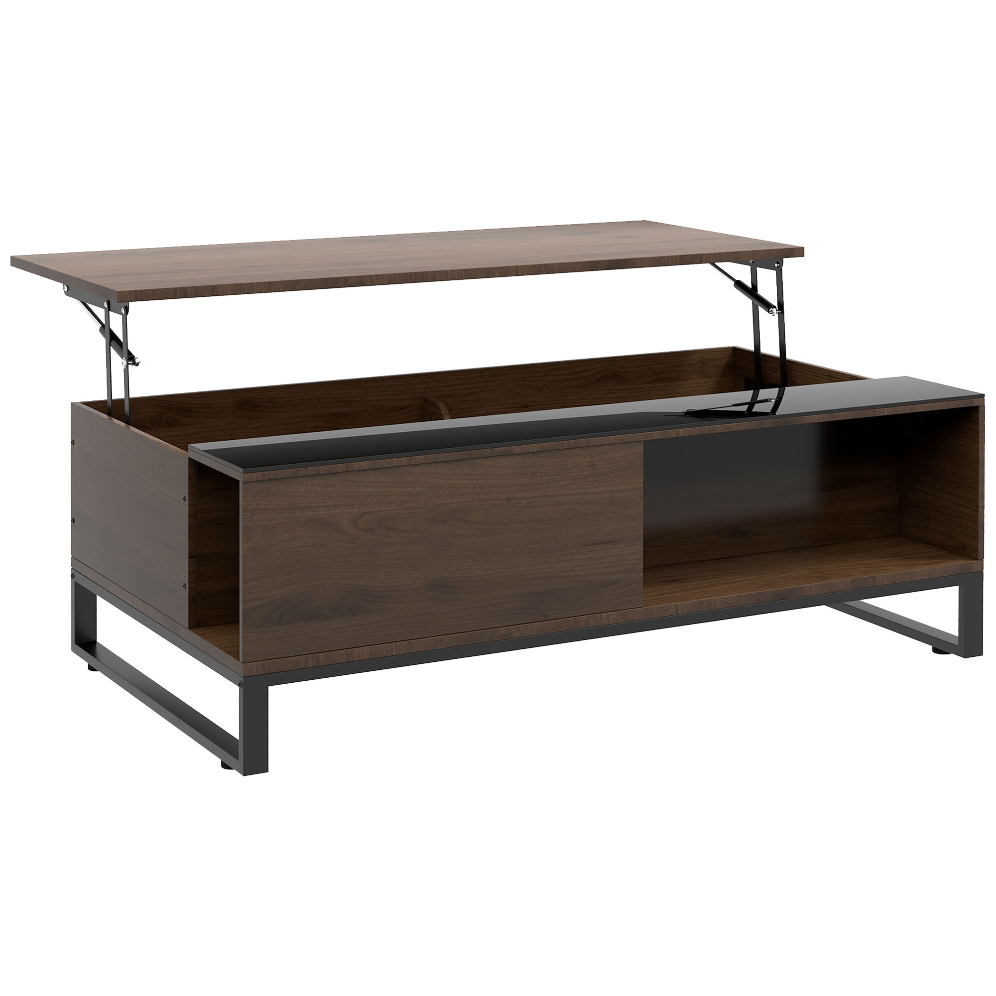 bijzettafel met liftfunctie, verborgen opbergvak, walsnushoutlook, stalen frame, 102 x 58 x 35,5 cm