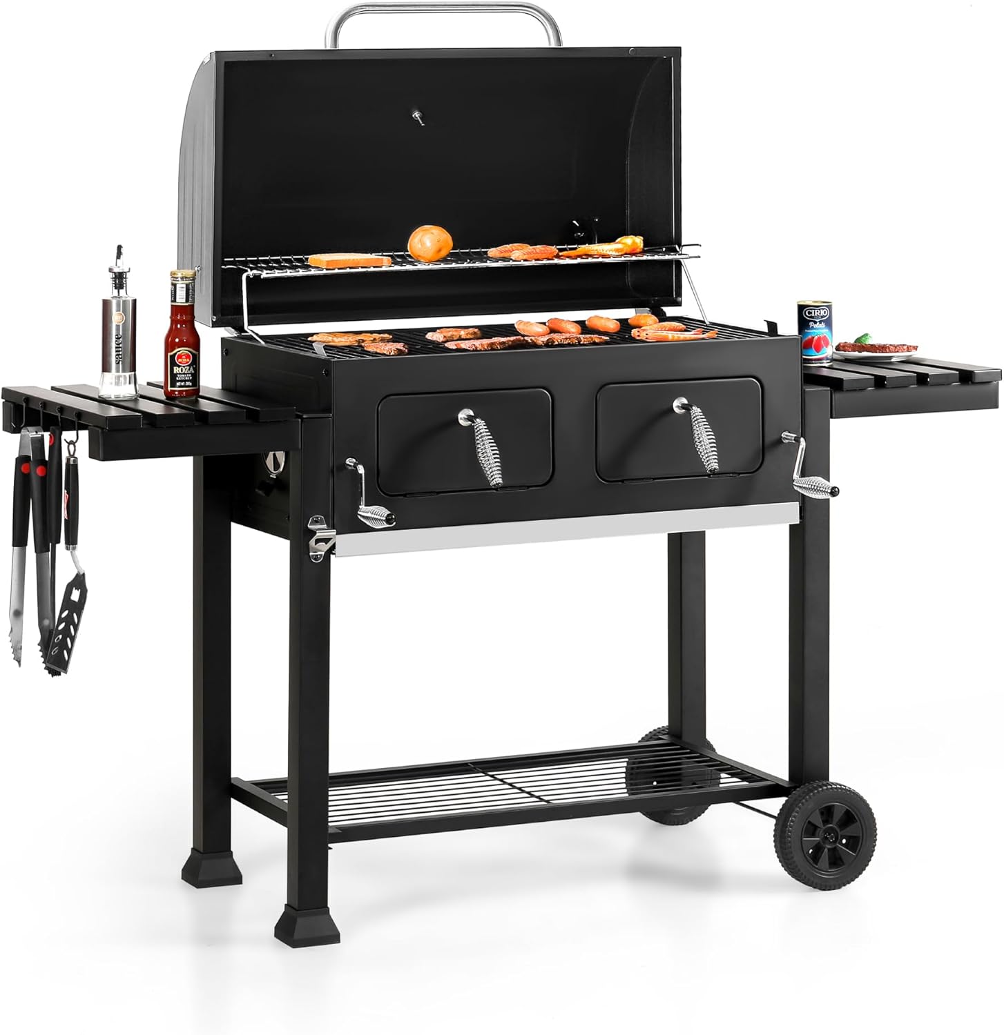 Sophia & William Extra Large Charcoal BBQ Grills with 794 SQ.IN. Cooking Area  Heavy Duty Outdoor Barbecue Grill with 2 Individual Lifting Charcoal Tray and 2 Foldable Side Table  Black