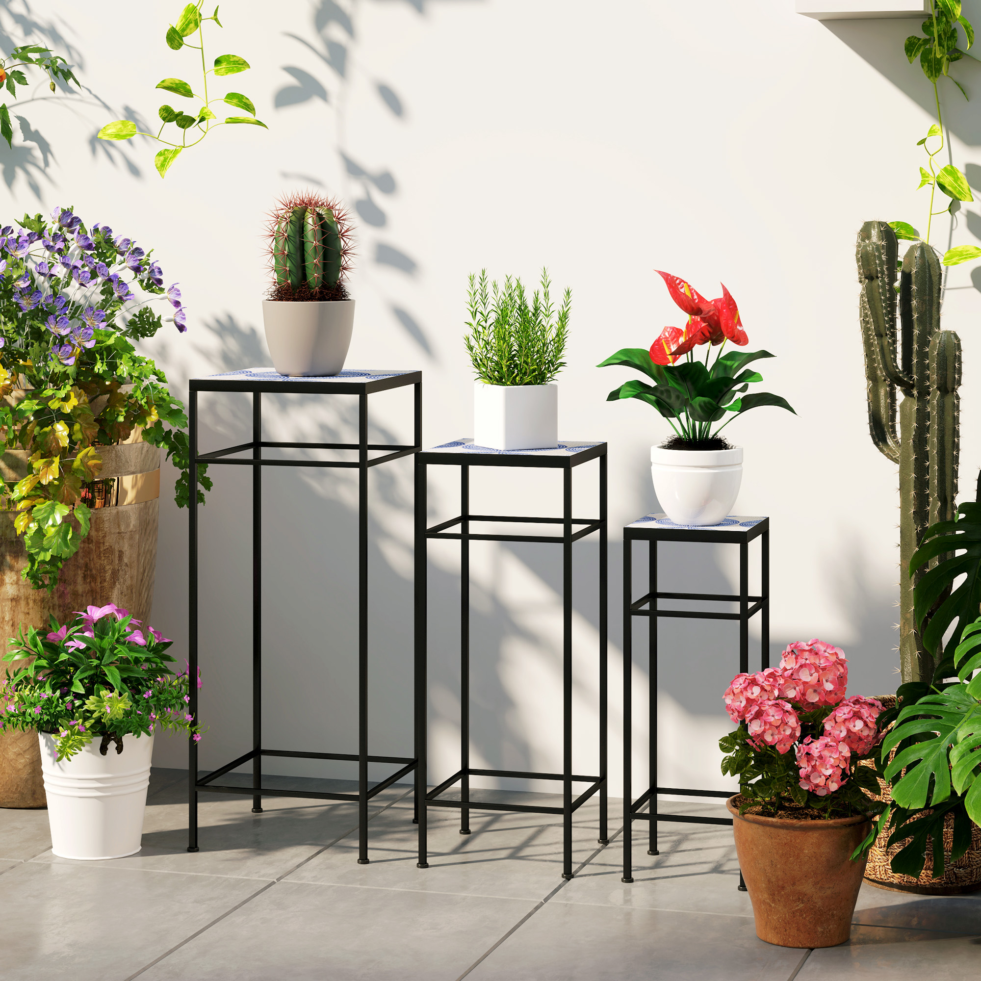 Outsunny 3er-Set Pflanzenständer, 3 verschieden große Gestelle zum Präsentieren von Blumen und anderen Gegenständen, Blau+Weiß