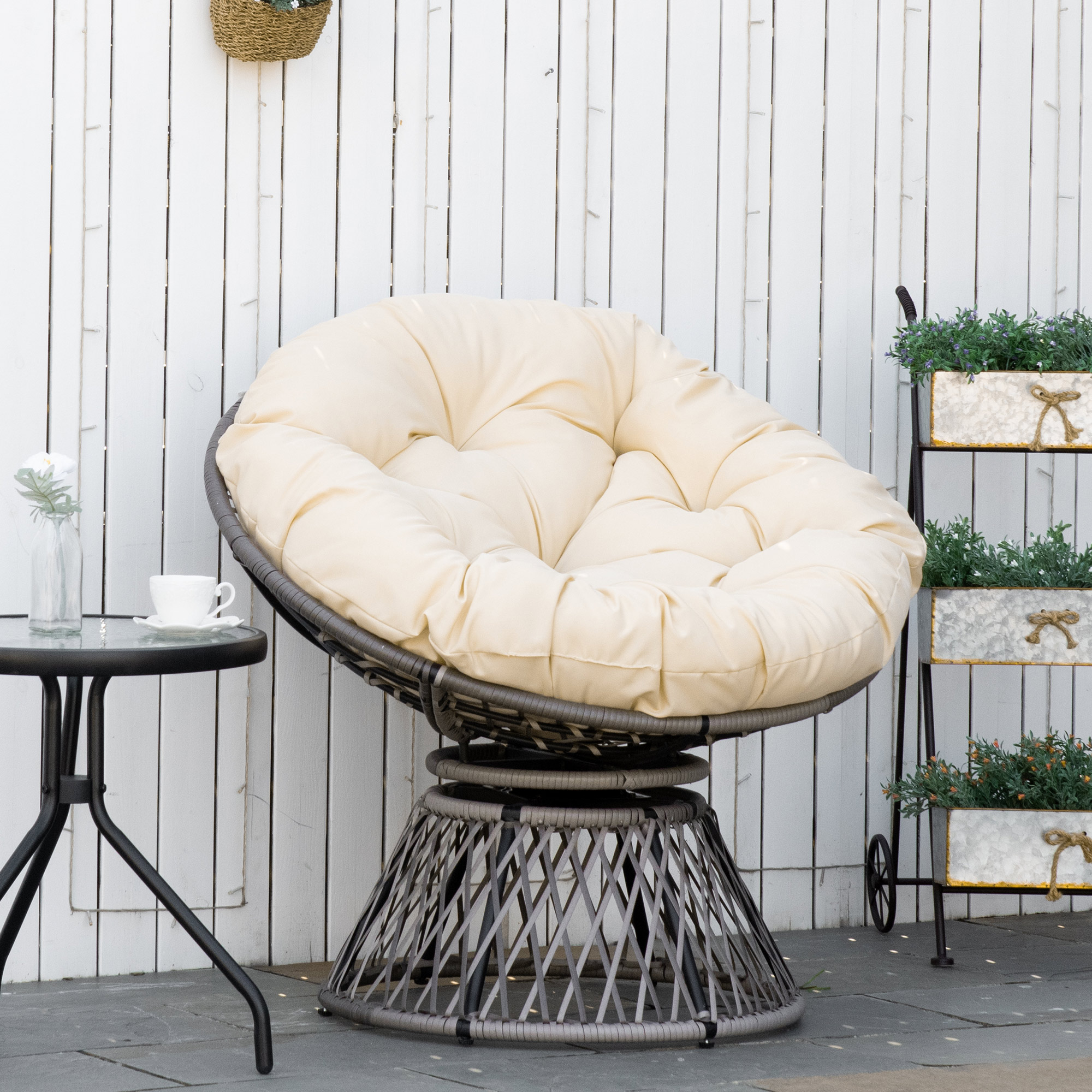 Outsunny Papasansessel, Korbsessel, Sitzkissen, Kunstrattan, drehbar, Metallrahmen, 87 x 97 x 90 cm, Beige