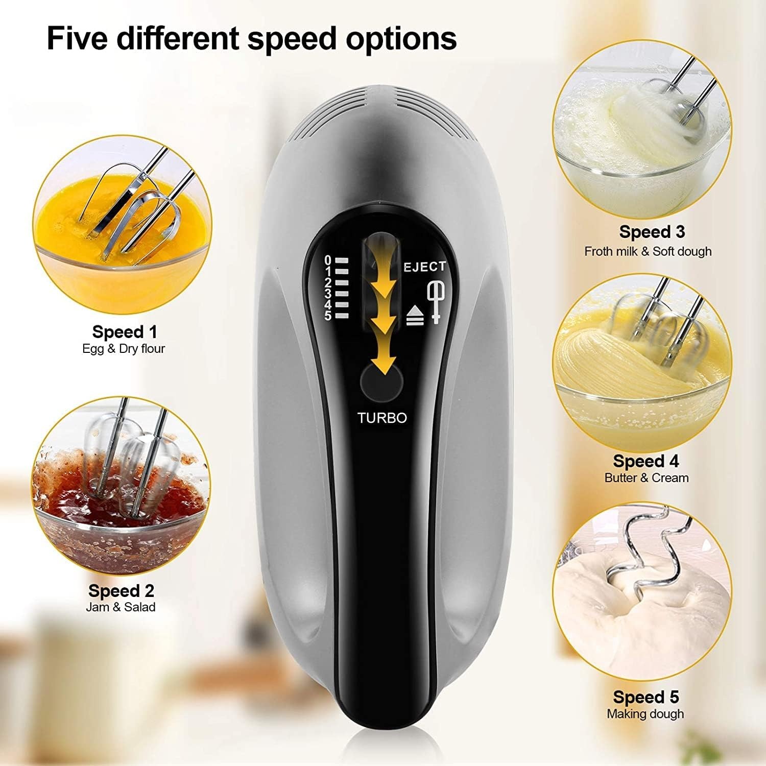 NWOUIIAY Sbattitore Elettrico 500W frullatore 5 velocità frusta e Turbo Boost Frullino con 9 Accessori Gancio per Impasto in Acciaio Inox per Cuocere Torte da Cucina, pasta, Batters