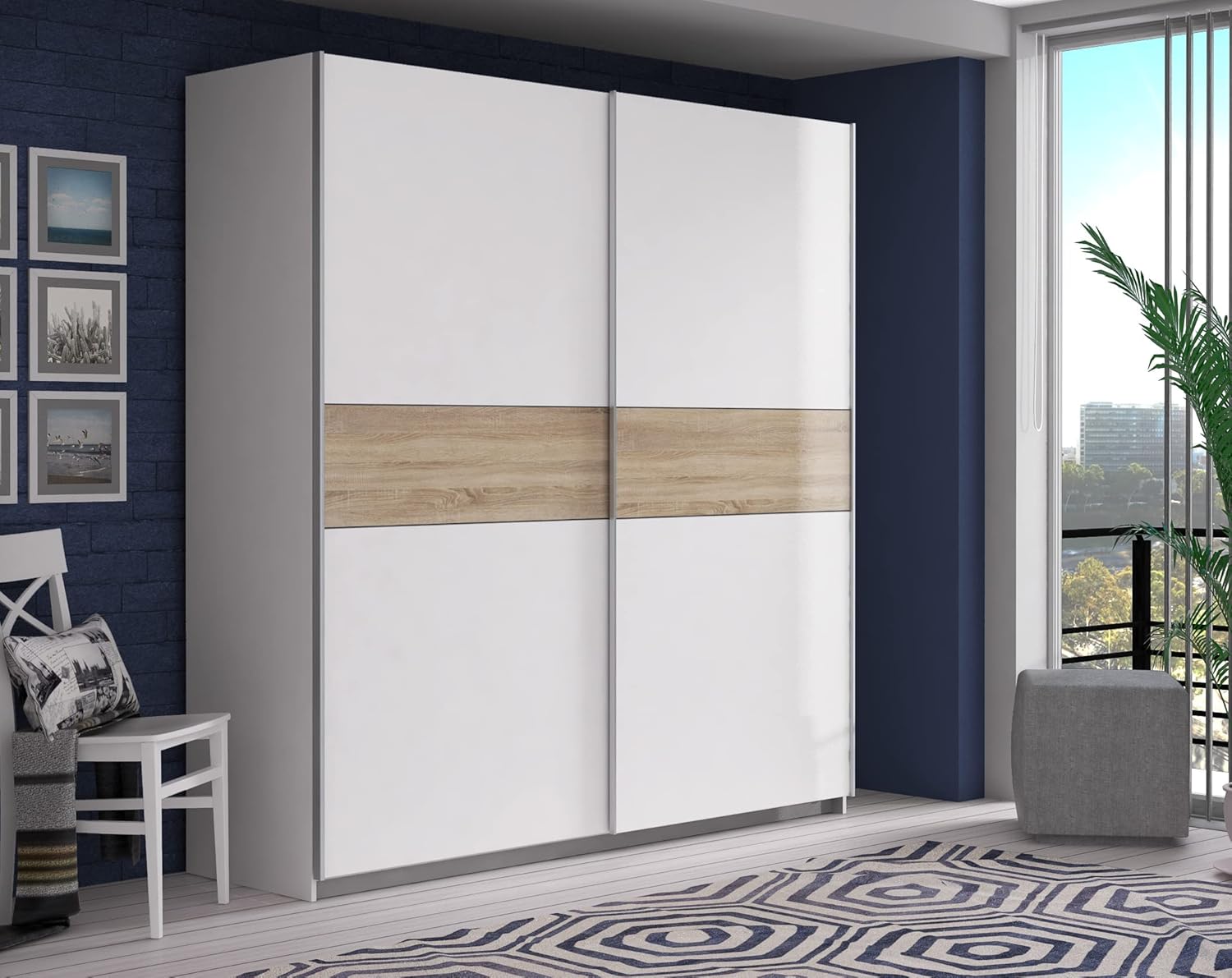 FORTE Winner Plus Sliding Door Wardrobe, Derived, White Combined with Sonoma Oak, 200 x 210 x 61.3 cm