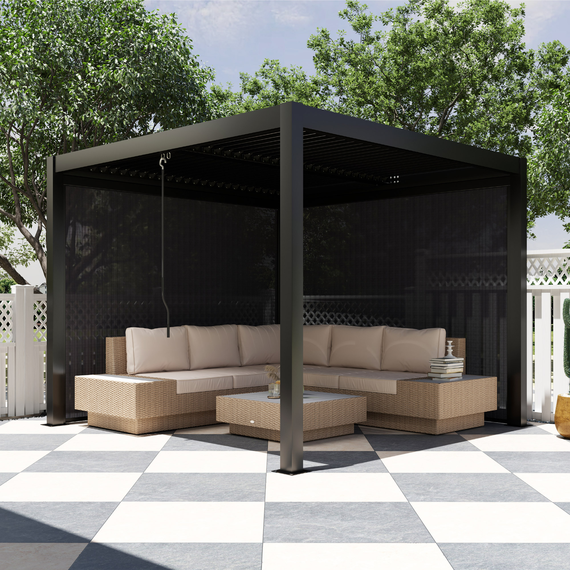Outsunny Aluminium Pergola bioklimatisch im Freien 3 x 3 m mit Vorhängen, verstecktem Entwässerungssystem, Grau