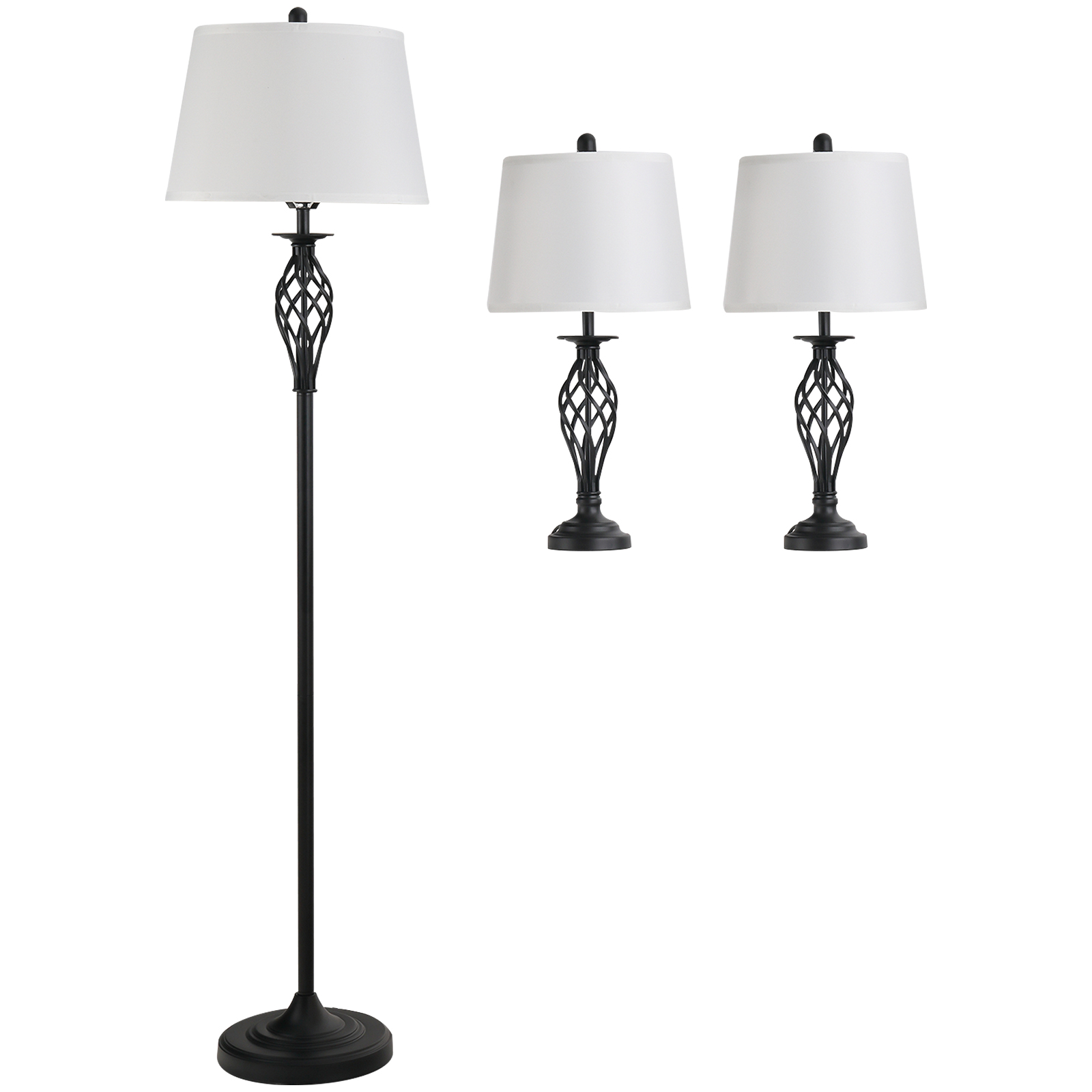 HOMCOM 3er-Lampenset 2 Tischlampe(ø38 x 158H cm) + 1 Stehlampe(ø30 x 62H cm) Metall, PS, Polyester, Baumwolle, Vintage, Schwarz+Weiß