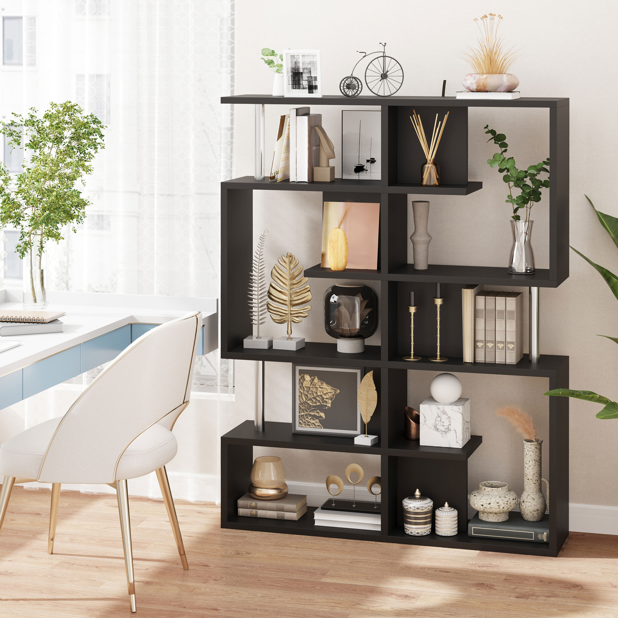 HOMCOM Regalraumtrennung Zig-Zag Design, Maße 120L x 29B x 160H cm, aus Holz und Metall - Schwarz