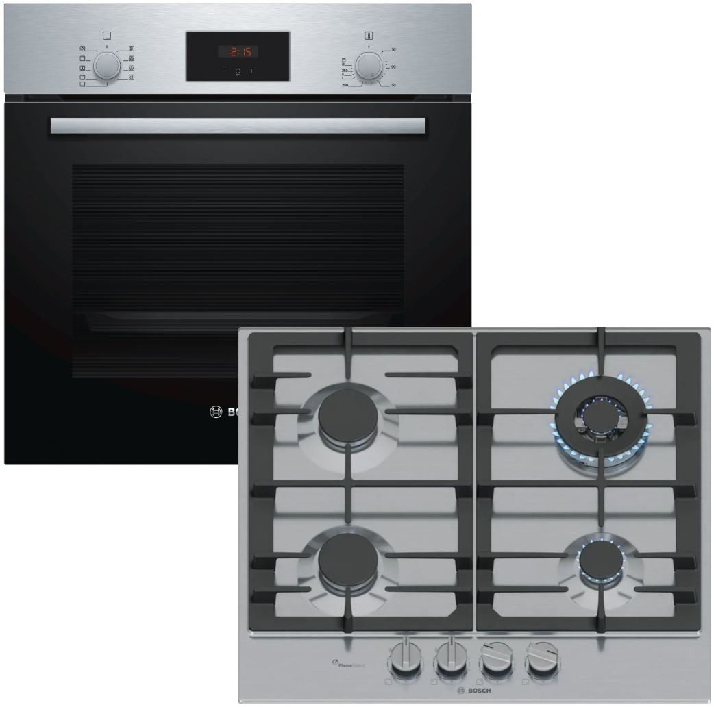 Backofen-Set 66 Liter 3D Heißluft Teleskopauszug Gaskochfeld FlameSelect Edelstahl