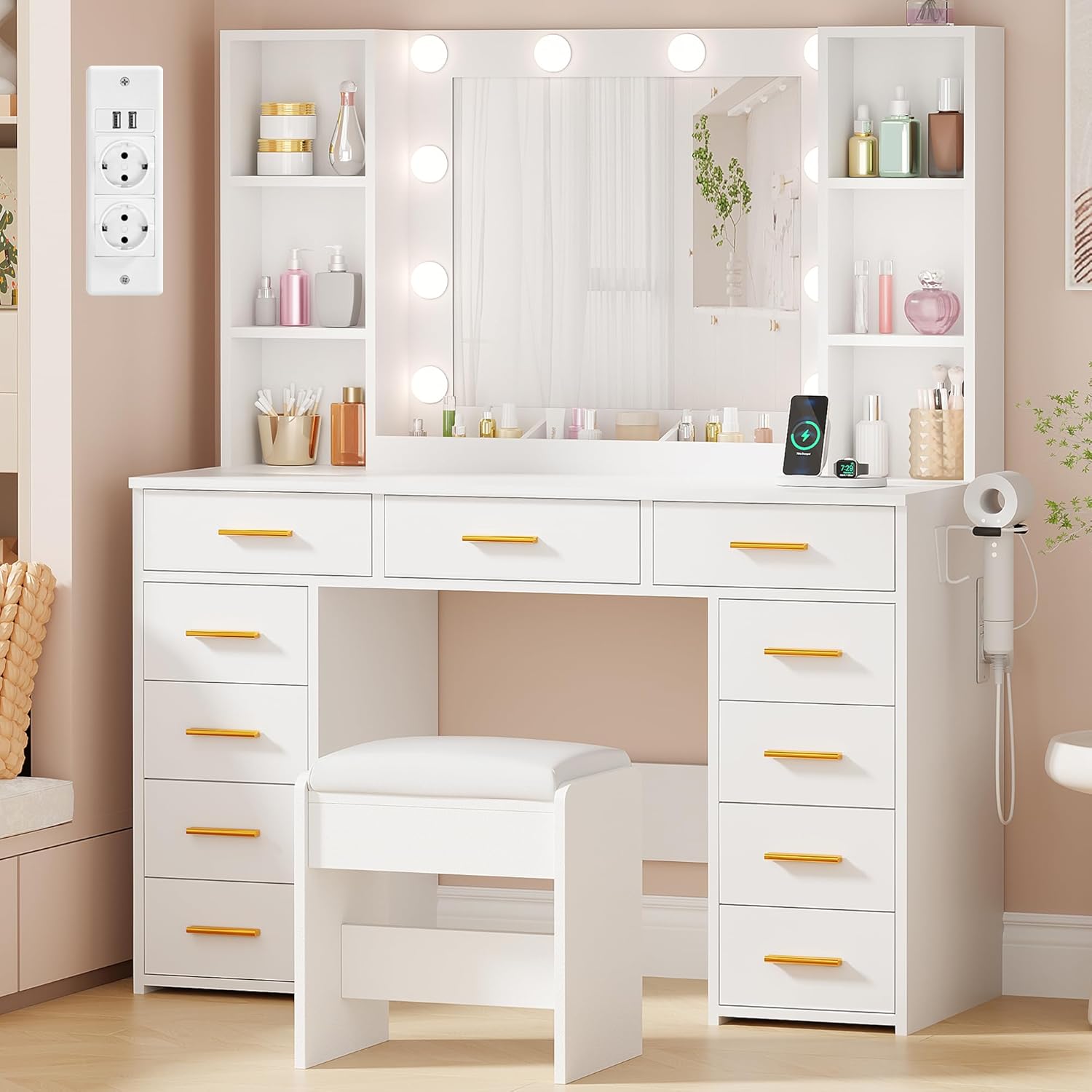 ANWBROAD 110cm Toeletta da Trucco con Specchio Luci e Presa,Luminosità Regolabile,Toeletta Trucco con Sgabello 11 Cassetti Grande Tavolo da Trucco con 6 Ripiani Aperti Postazione Trucco Bianco BDT86W